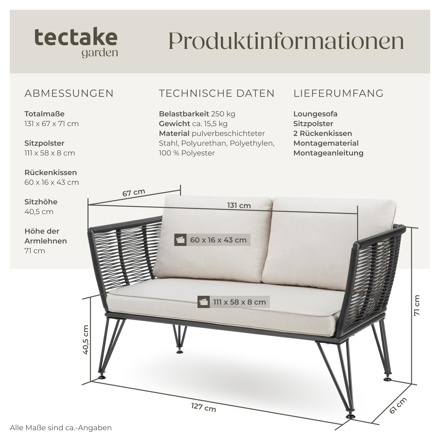 tectake® Rattan Lounge Sofa, Lounge Möbel Outdoor, Balkon Möbel, Outdoor Möbel, Rattan Gartenmöbel, Gartensofa mit Outdoor Kissen wetterfest, Balkonmöbel Kleiner Balkon, Wintergarten