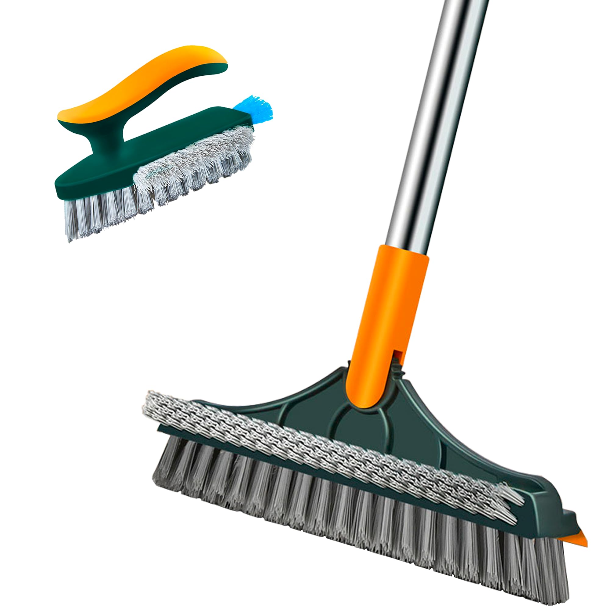 Magic Brush 3 in 1 Floor Scrubber with Long Handle Grout Scrape Stiff Bristle Cleaning Scrub with Squeegee 180°Rotating Removable Head + Additional Hand Brush with Squeegee