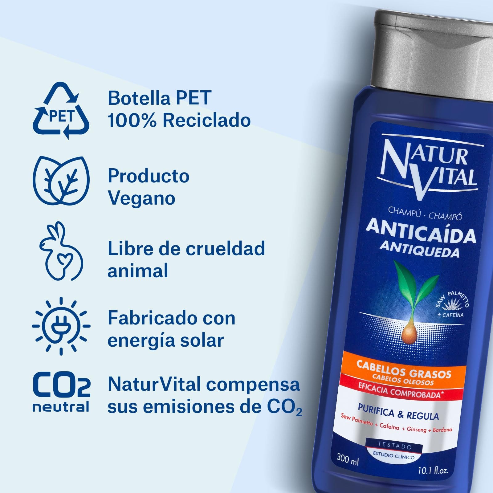 NaturVital - Champú Anticaída para Pelo Graso, Sin Parabenos ni Siliconas, Previene la Caída del Cabello, Champú Natural Fortificante, para Hombres y Mujeres, 300ml