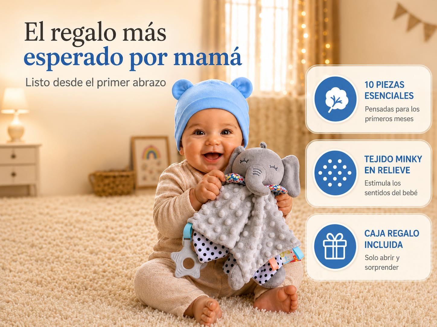 Canastilla Bebé Recién Nacido - Cesta Bebé Recién Nacido Niño – Incluye: Doudou Bebe, Sonajero, Portachupetes, Manta, Babero y Otros Textiles Esenciales algodón 100% orgánico hipoalergénico