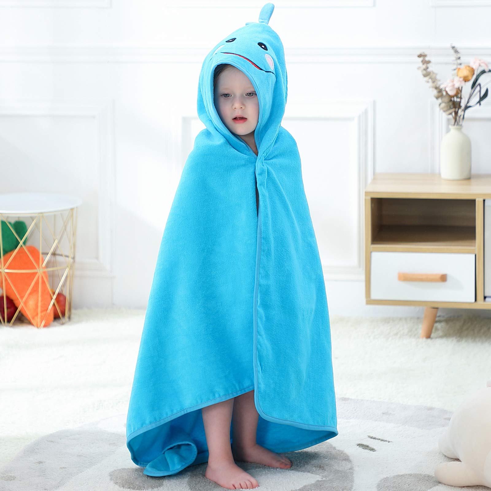 Unisexe Bébé Enfant en Bas âge Enfants Animal Capuche Coton Douche Plage Serviette de Bain Robe de Bain, 0-6 Years Old, 90x90cm, Bleu