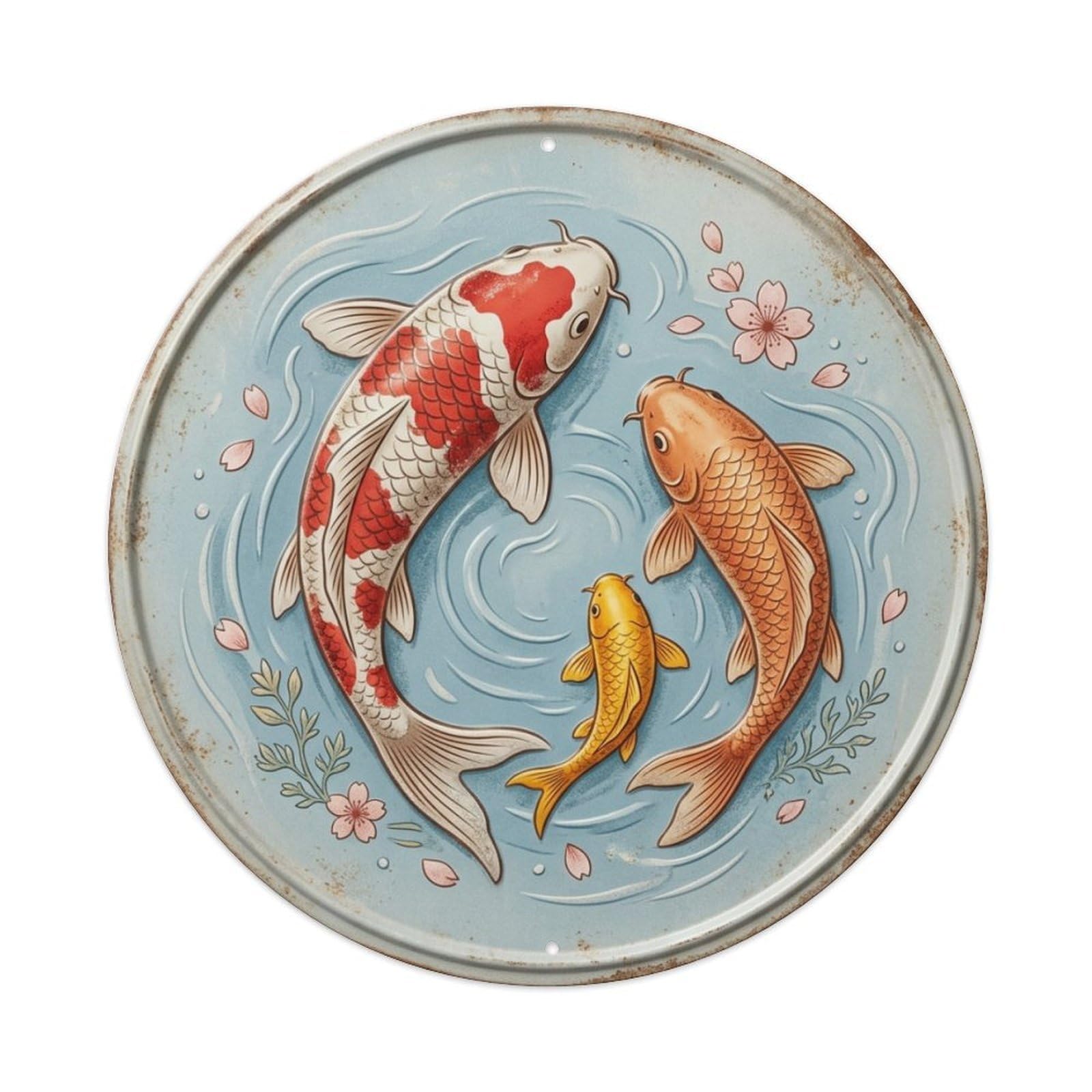 Family Three Generations Koi Fish Vintage Metal Tin Sign Plaque Wall Decor for Cafe, Club Bar, Office, Garden Metal Poster 8x8Inch