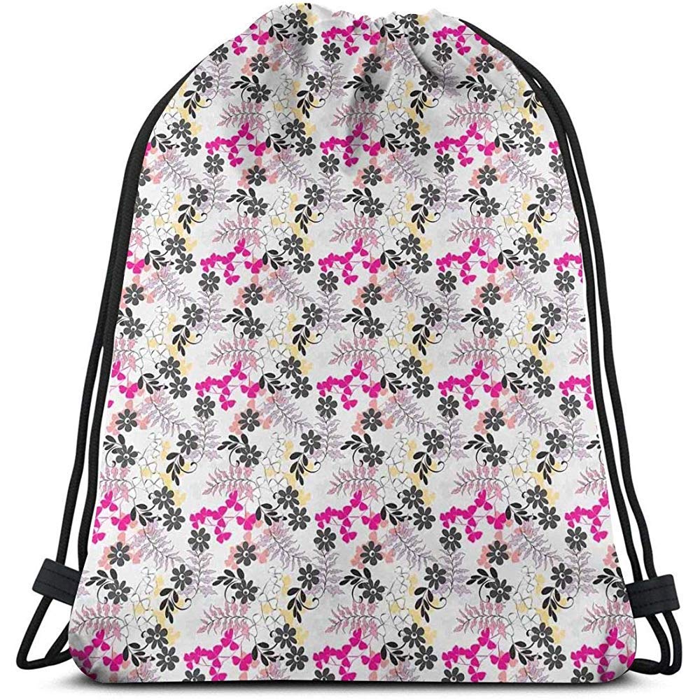 Dusk Fort Printed Drawstring Backpacks Bags,Abstract Foliage Composition Elements Blossoming Spring Nature Nostalgic Design,Adjustable String Closure