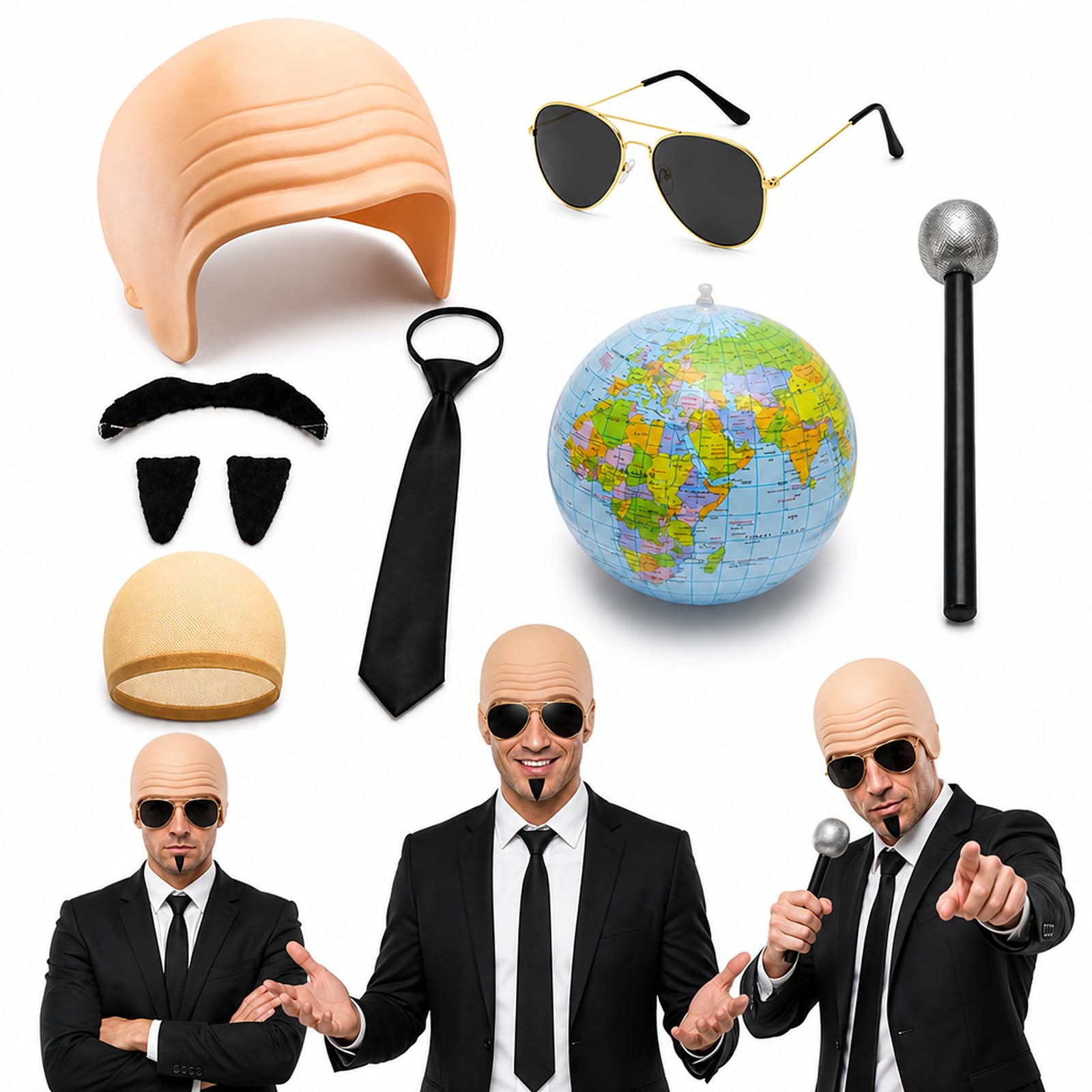 XLTXWD 9PCS Bald Cap, Bald Cap Set with Hair Nets, Sunglasses, Moustache and Tie for Costume Party