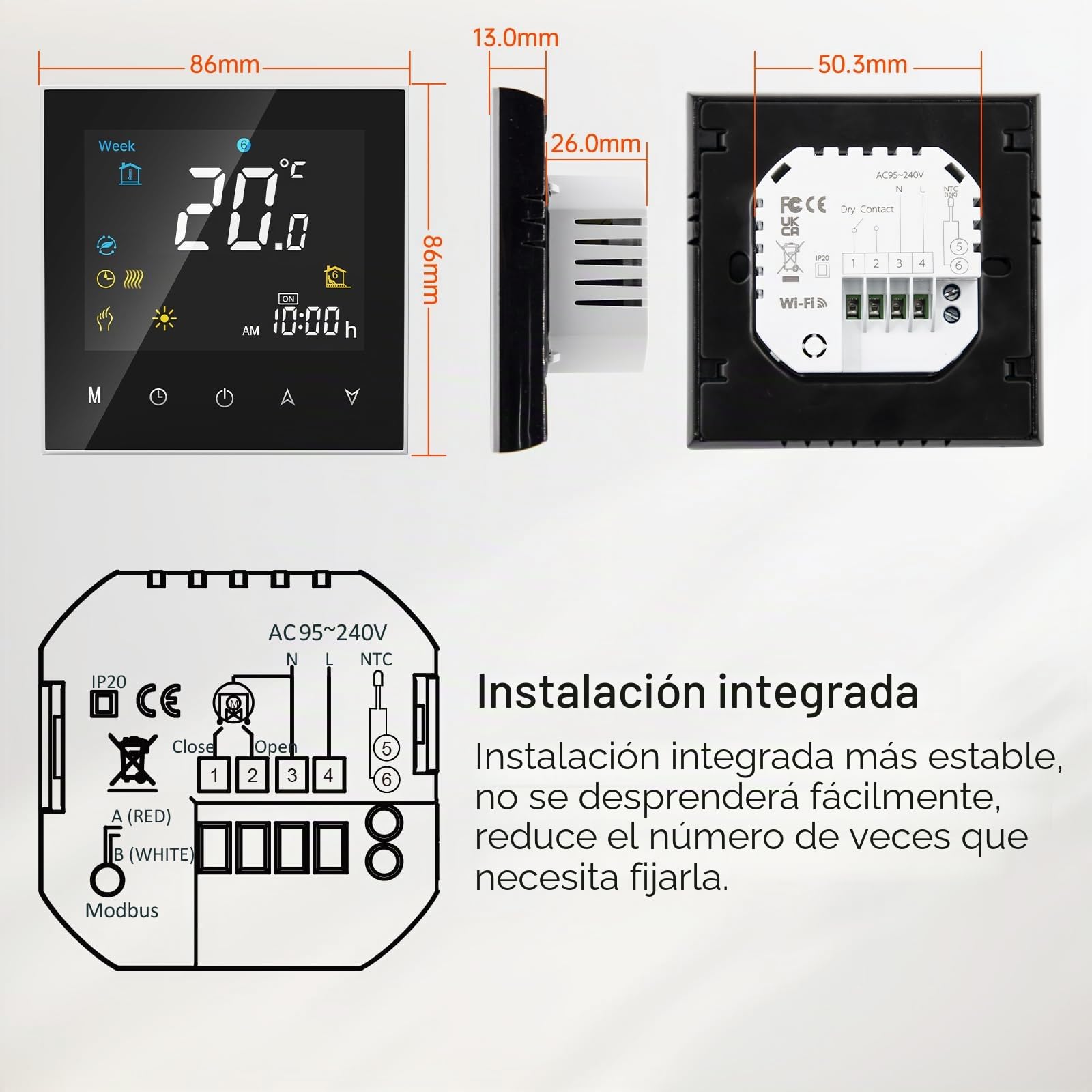 Termostato Calefaccion WiFi, Termostato Digital Programable con Cuatro Funciones, Apto para calderas de Gas/Agua, Control táctil/App/Voz, Compatible con Alexa y Google Assistant