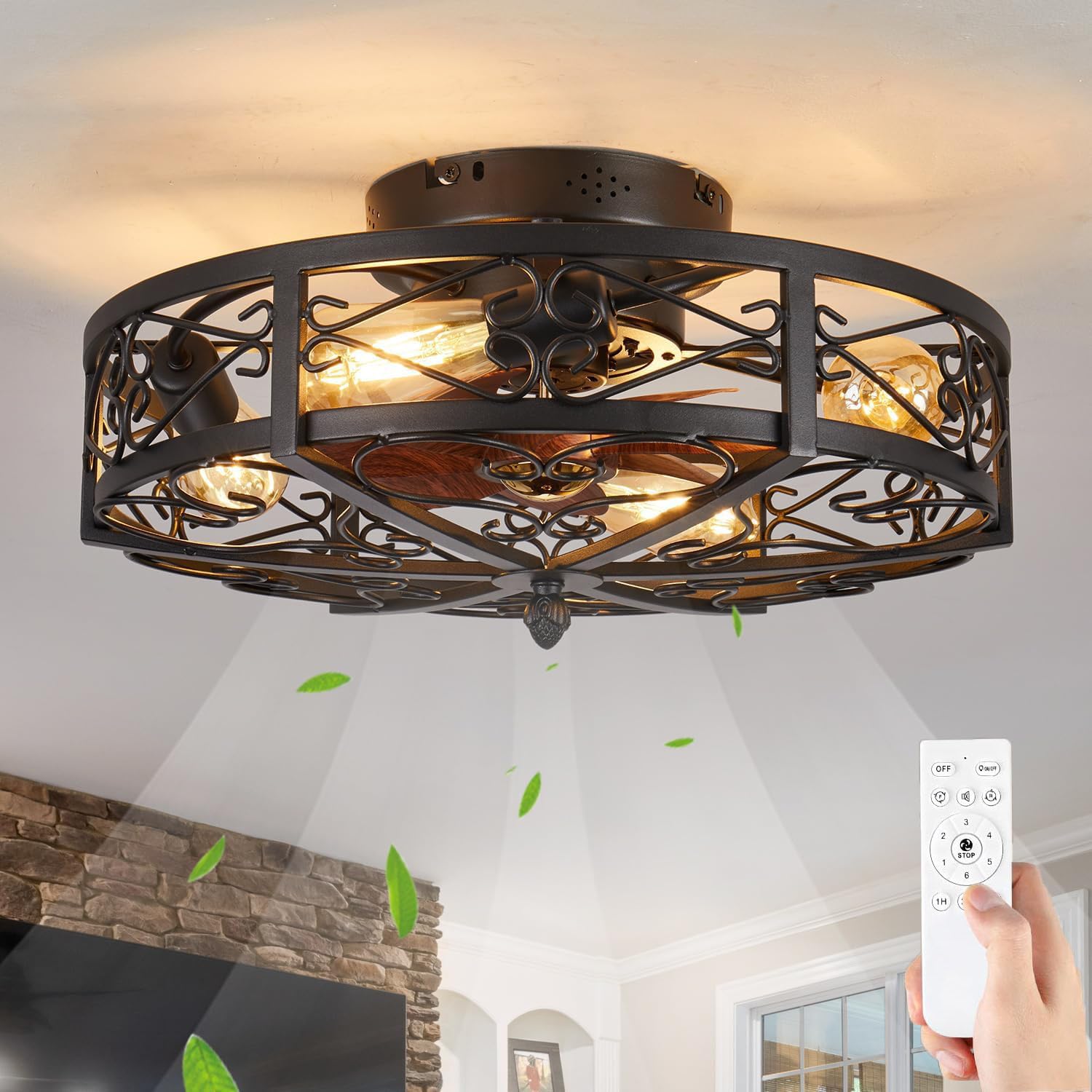 50cm Deckenlampe mit Ventilator Industrial Vintage Deckenventilatoren mit Beleuchtung Metall Käfigbeleuchtung 4*E27 Unterputzmontage mit Fernbedienung Timer-Funktion, Schwarz (exkl Leuchtmittel)