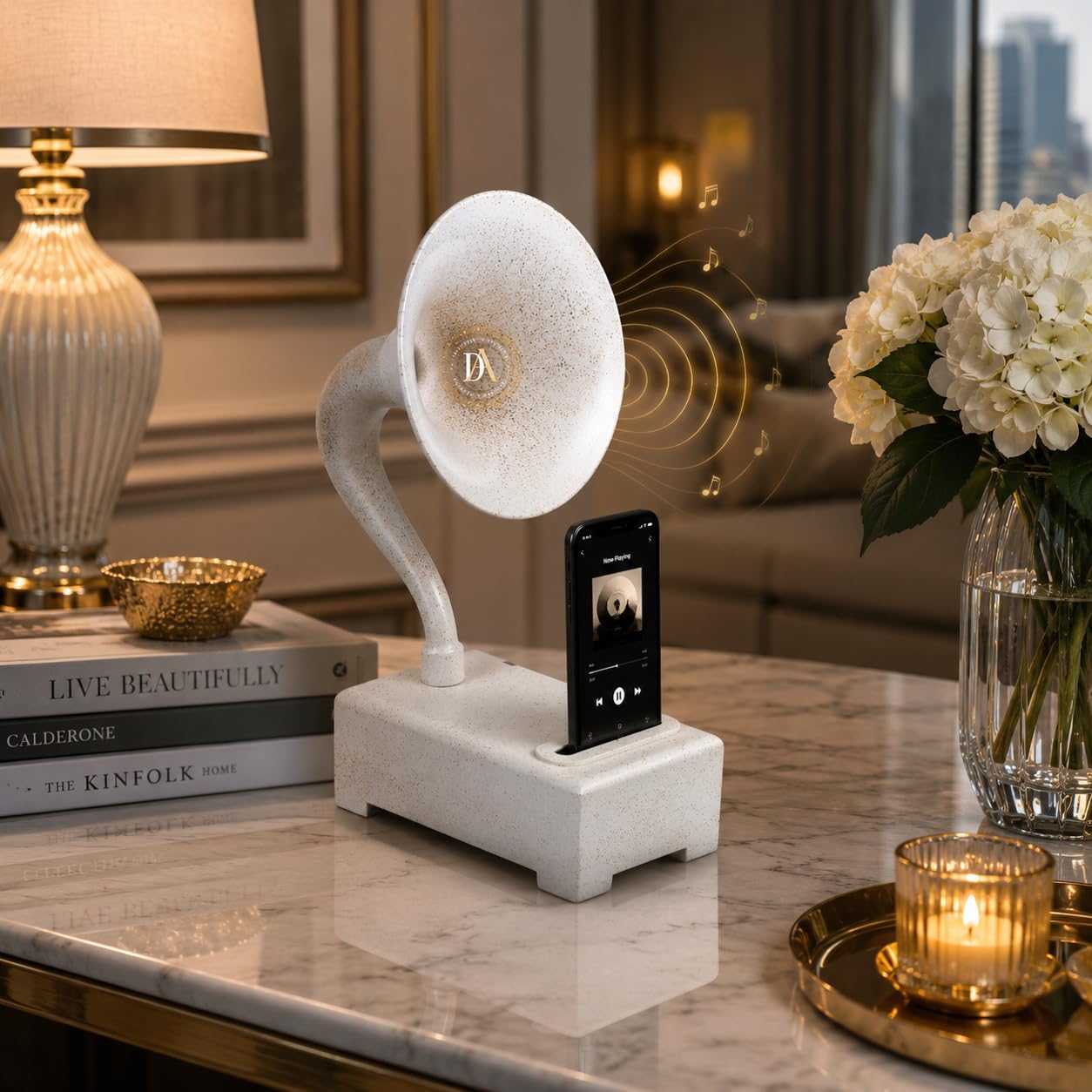 Vintage Gramophone Style Acoustic Phone Speaker Stand, Non-Electric Smartphone Sound Amplifier, Decorative Tabletop Phone Holder for Home Office Desk Decor, White