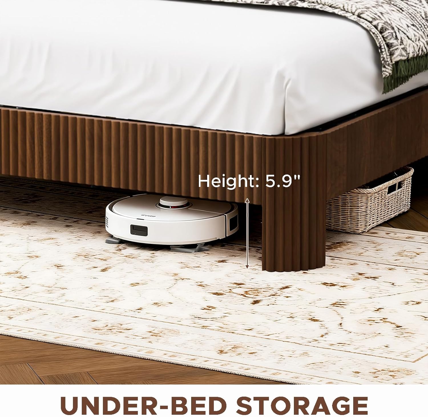 Queen Size Bed Frame with Storage Headboard, Mid Century Modern Fluted Platform Bed Frame with Charging Station, Metal Slat Support for Bedroom, No Box Spring Needed