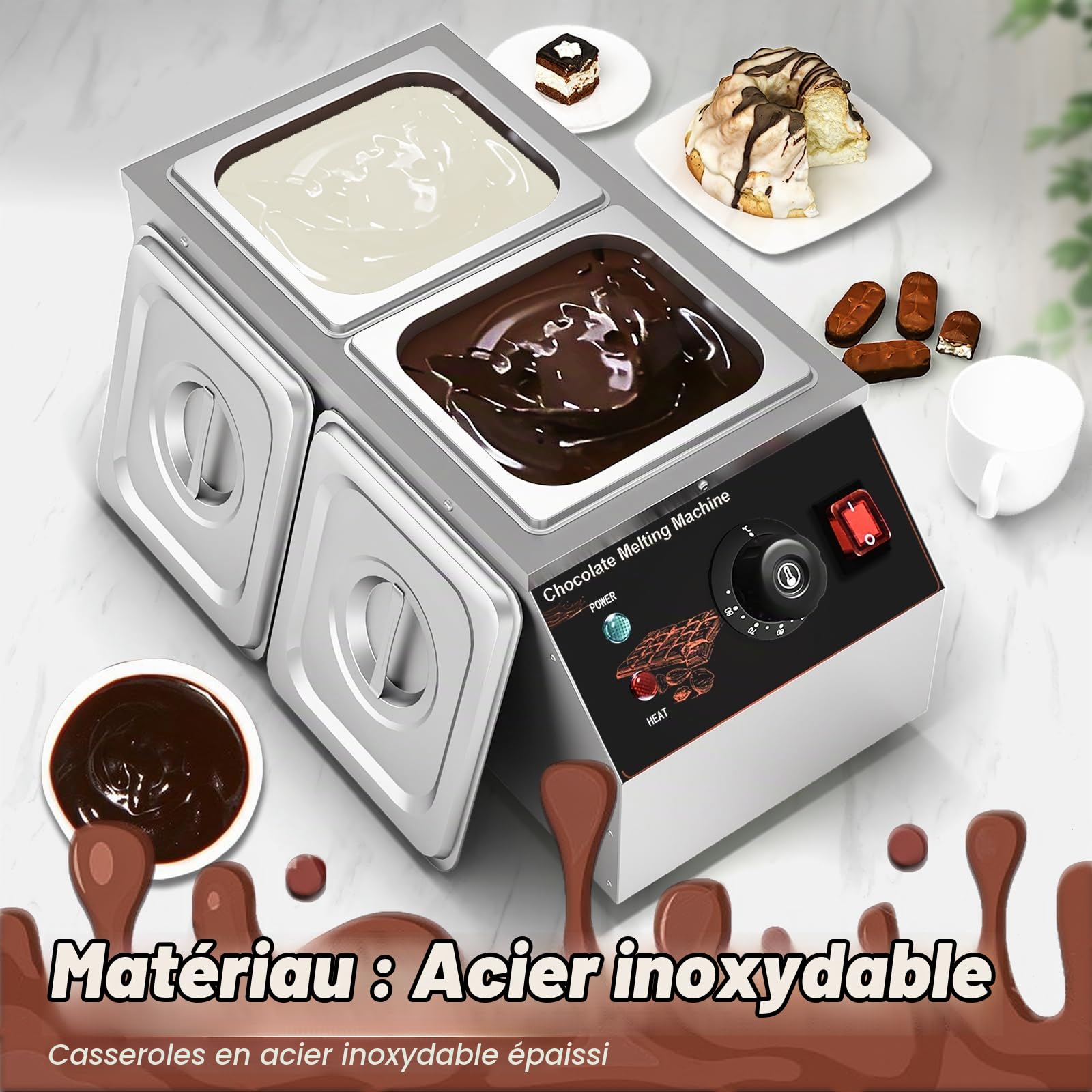 Tempéreuse Chocolat,Commercial 2x1.55L Pans Chauffage de Chocolat