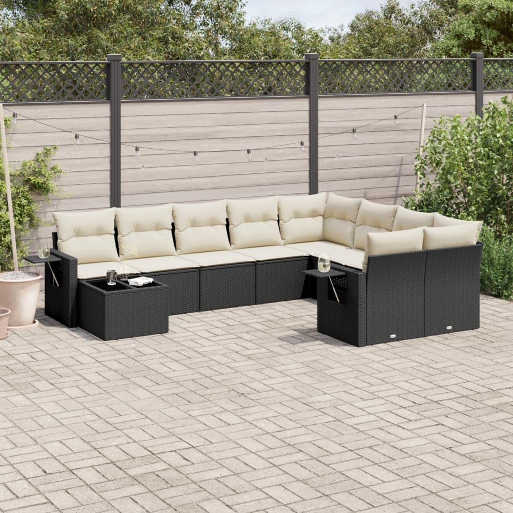 10-Piece Modular Garden Sofa Set, Black Poly Rattan, Cream White Cushions, Outdoor Patio Furniture Seating for 9 People, Weather-Resistant