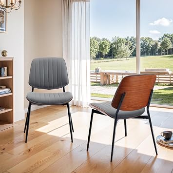 Dining Chairs, Mid Century Retro Faux Leather Chair with Walnut Bentwood Upholstered Seat, Metal Legs with Adjustable Foot, for Home Kitchen Dining Room Living Room Gray, Set of 2