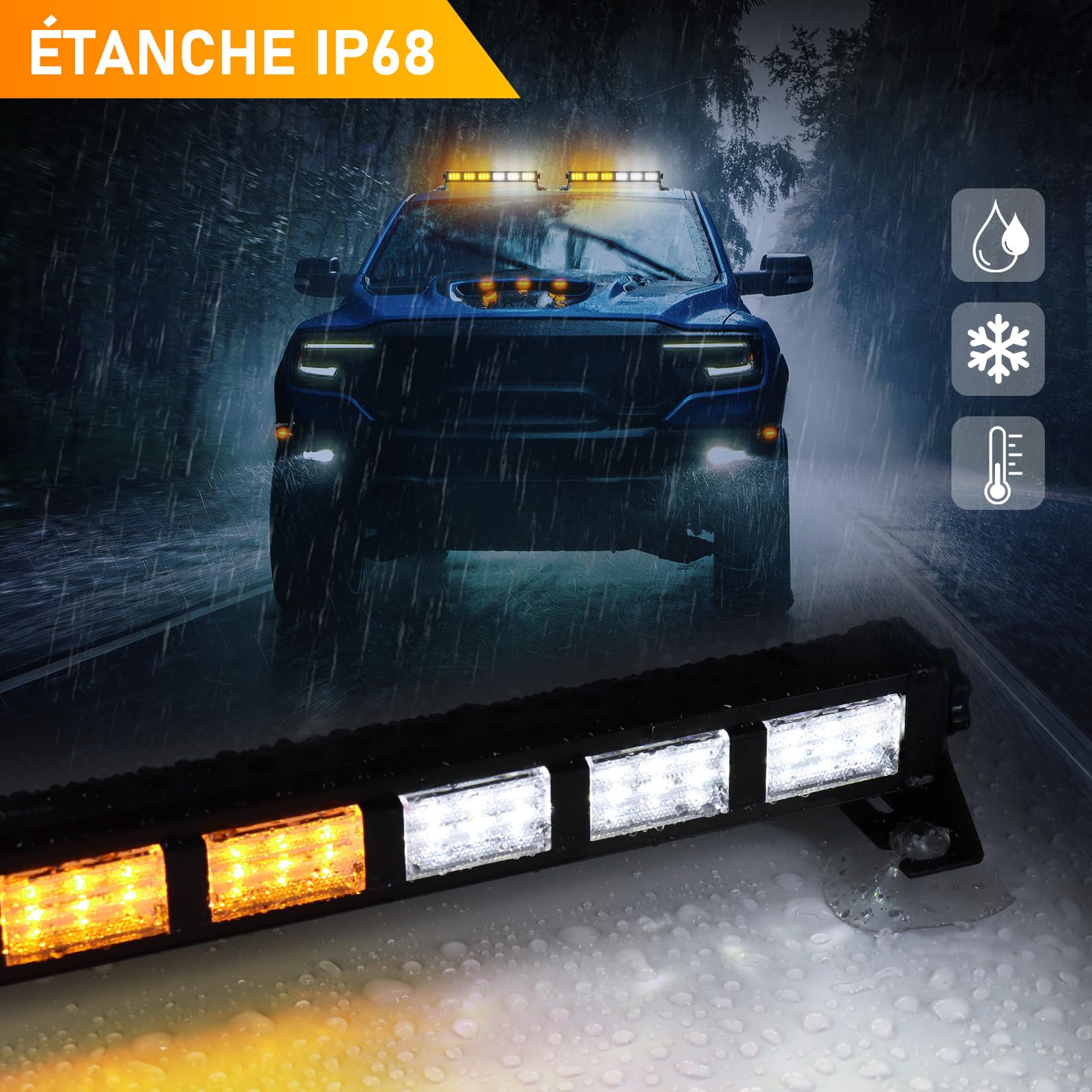 antom Sechs LED Barre Lumineuse Clignotante Stroboscopique 2 pièces, 36 LEDs, Lumière d'avertissement Orange + feu 19 Modes de Stroboscope Clignotant pour Voiture, Camion, Tracteur