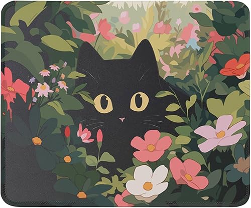 Alfombrilla para mouse de jardín con diseño de gato negro divertido y lindo que se esconde en flores, tapete de mouse para computadora para oficina,