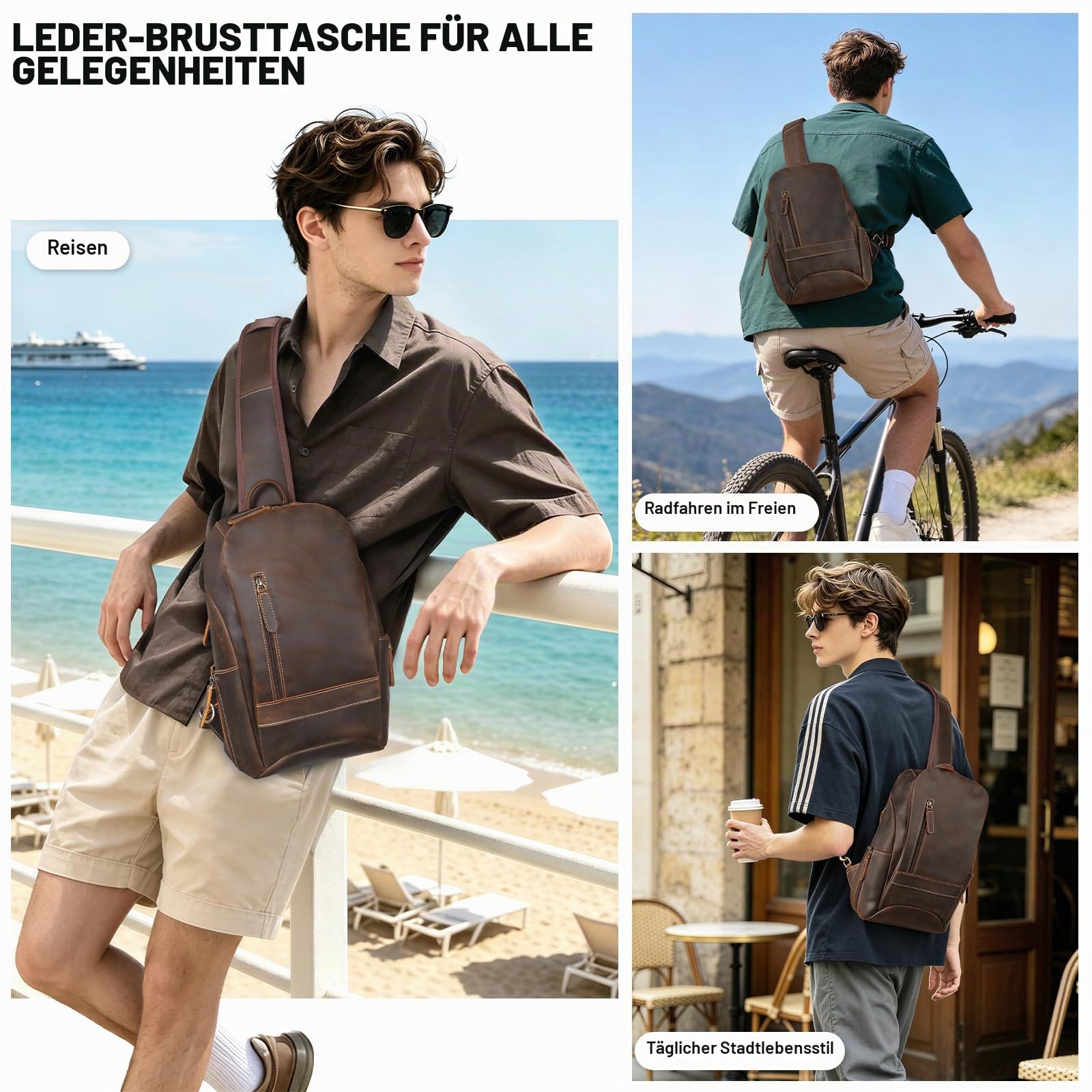 TIDING Brusttasche Herren Klein Leder Crossbody Schultertasche Sling Bag Umhängetasche Anti-Diebstahl Taschen für Outdoor, Camping, Reisen