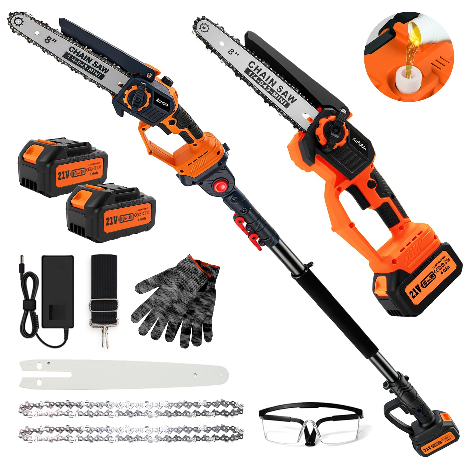 8'' electric pole saws for tree trimming, cordless 2-in-1 pole saw & mini chainsaw with extension pole, battery powered with 2x4.0ah batteries and charger, max 16ft reach for pruning(colors vary)