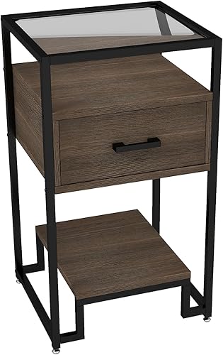 AKDSteel Mesita de noche, mesa auxiliar con cajón de almacenamiento y almacenamiento de 3 niveles y parte superior de vidrio templado, muebles de
