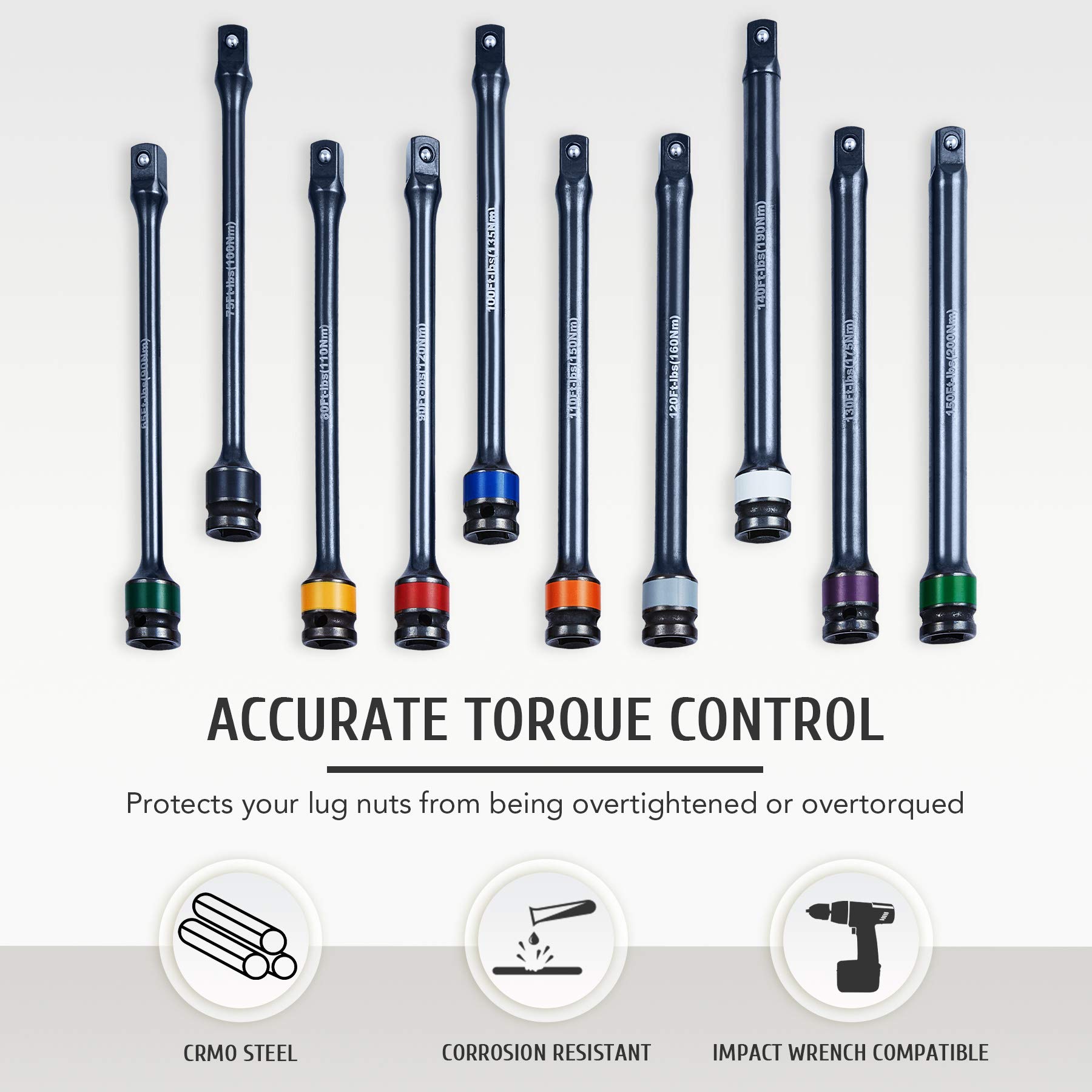 Orion Motor Tech1/2 Inch Drive Torque Limiting Extension Bar, 150 ft-lb,  Black, Chromoly Steel