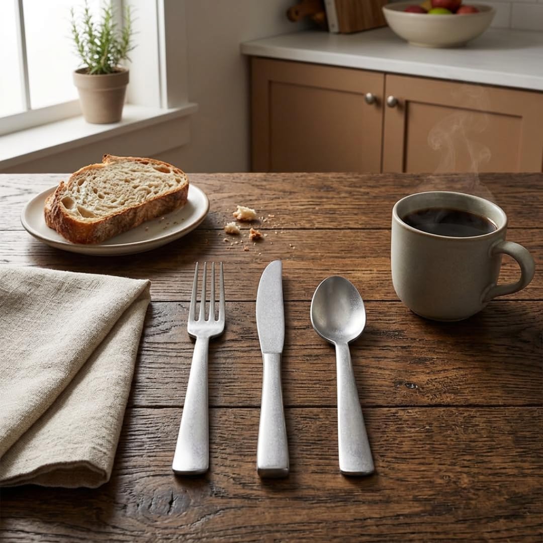 Liberty Tabletop 12 Piece American Industrial Flatware Set, 18/10 Stainless Steel, Silver, Brushed Finish, Dishwasher Safe, Made in USA