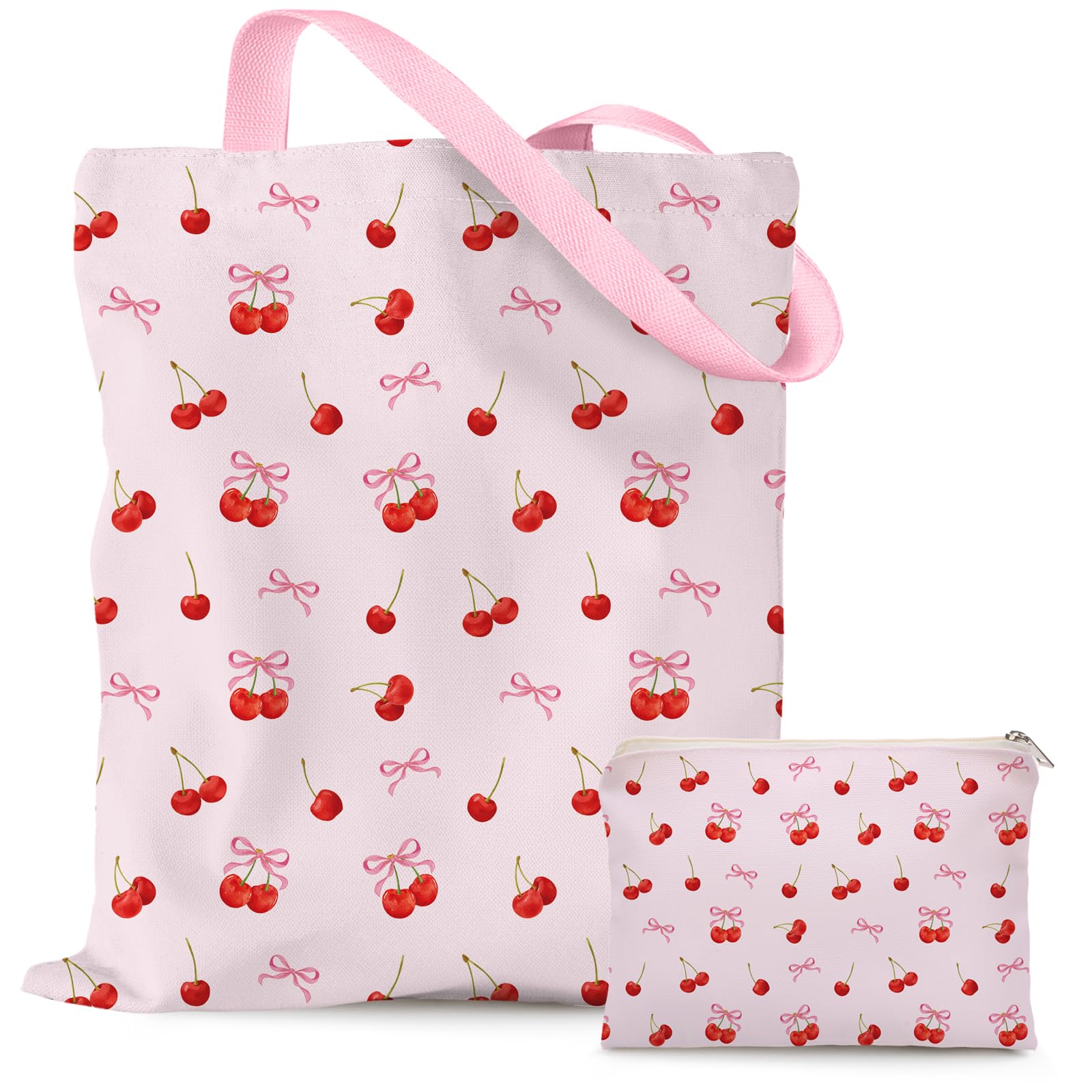 Cherry Canvas Tote Bag - 2 Pcs Pink Totes and Cute Makeup Bags Set Aesthetic Bow Accessories for Work Shopping Travel Gym Christmas New Year Wedding Birthday Gift for Women Friend Bestie