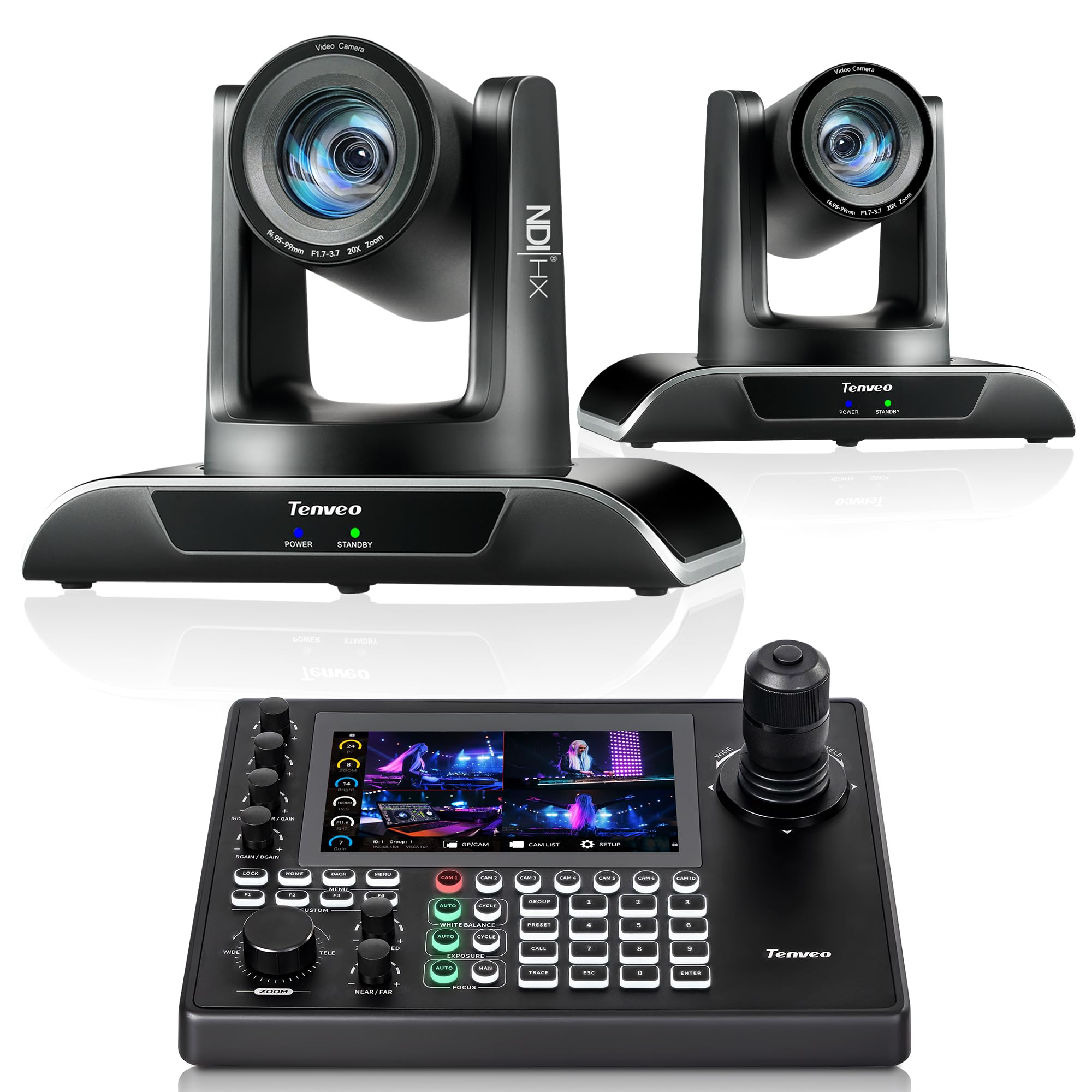 Tenveo NDI PTZ Kamera 20x Optischer Zoom mit AI Auto-Tracking（VHD20H-AI-N*2）+ NDI|HX3 Controller für PTZ-Kameras mit 7"-Touchscreen
