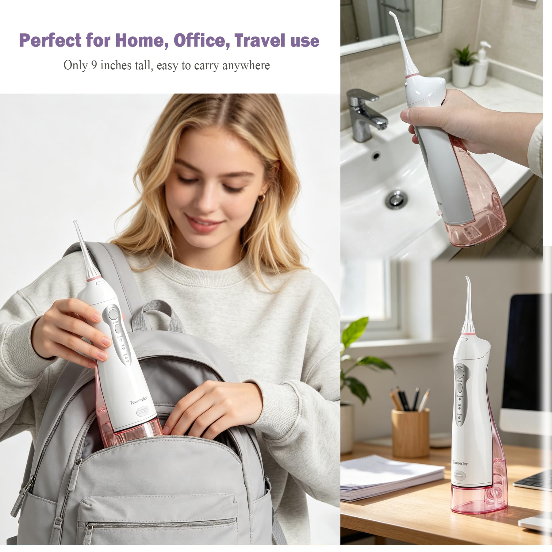 TOVENDOR Irrigador bucal eléctrico, irrigador bucal dental recargable inalámbrico IPX7, impermeable, 300 ml, limpiador de dientes de agua de viaje con 5 puntas para el cuidado de los frenos, limpieza