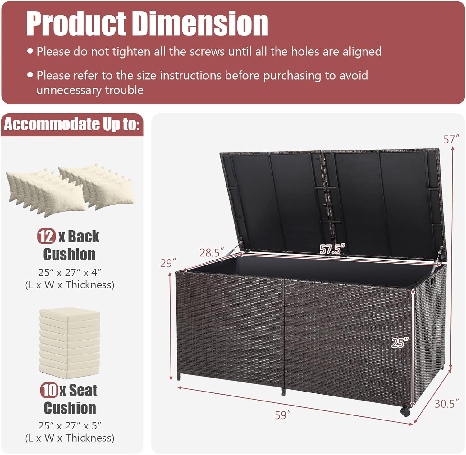 Tangkula 175 Gallon Outdoor Storage Box, Wicker Patio Deck Box with 2 Universal Wheels and Waterproof Zippered Liner, Outdoor Storage Container for Cushions, and Garden Tools