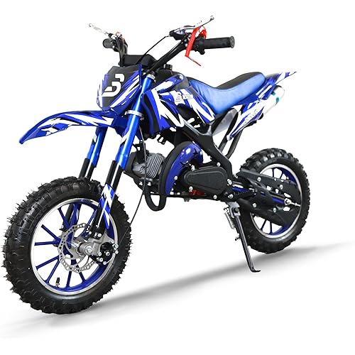49CC Kids Gas Dirt Bike, 2-Stroke Gas Powered Motorcycle, Dual Disc Brakes, Front & Rear Shock, 10" Off-Road Tires, 28 MPH Top Speed, 132 LBS Max Load, Mini Dirtbike for Kids 8-14, Blue