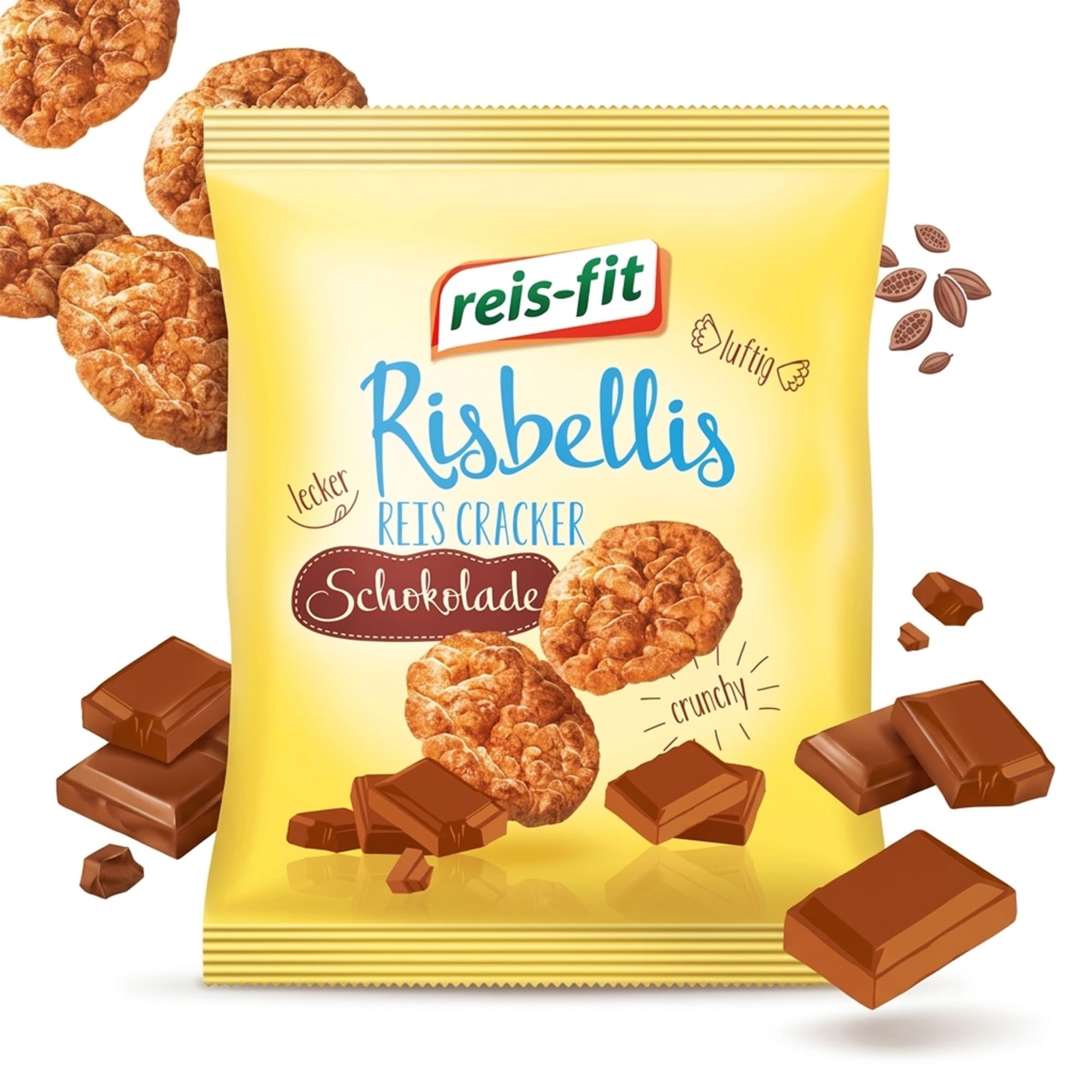 EKERA – reis-fit Risbellis Schoko – 16 Packungen knusprige Reiscracker | Süß & herzhaft | leichte Reiswaffeln als Snack für unterwegs, Büro & zu Hause | Reis Cracker fettarm
