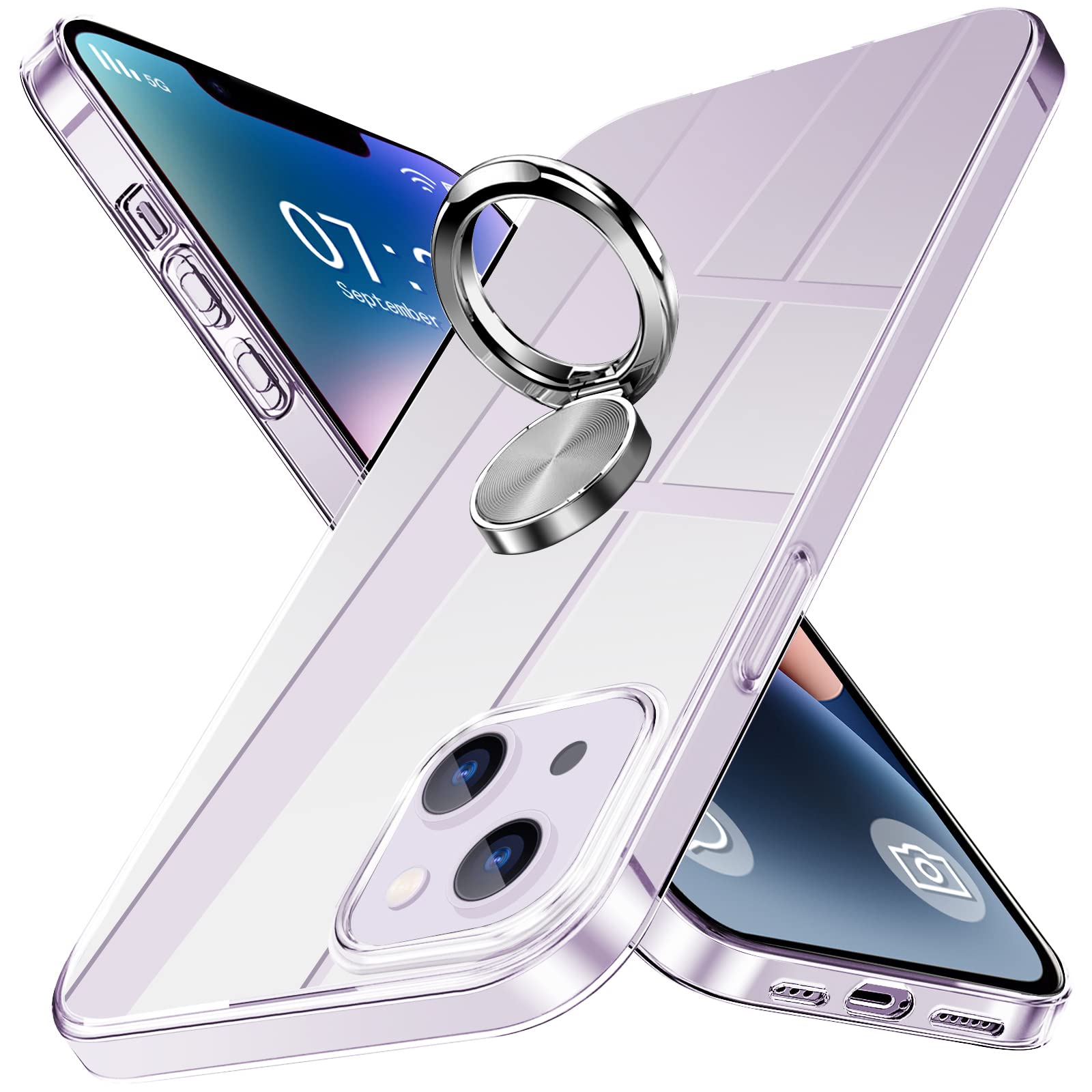 GuubolyCrystal Clear Designed for iPhone 14 Case with Ring Holder Kickstand Transparent Not Yellowing Slim Thin Flexible Shock Absorption Bumper for iPhone 14 Cover 6.1 inch
