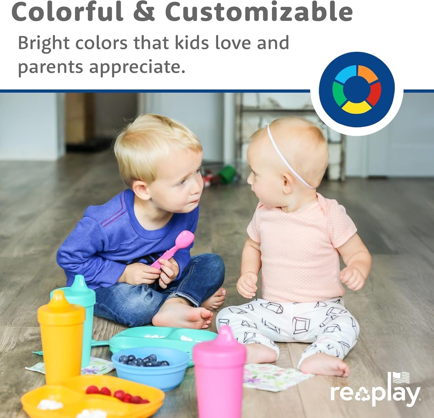 Re-Play Dinnerware Set for Toddlers – 6 Deep-Walled Divided Compartment Plates and 6 Stackable Bowls for Snack and Everyday Dining – Dishwasher/Microwave Safe – Made in USA – Sorbet