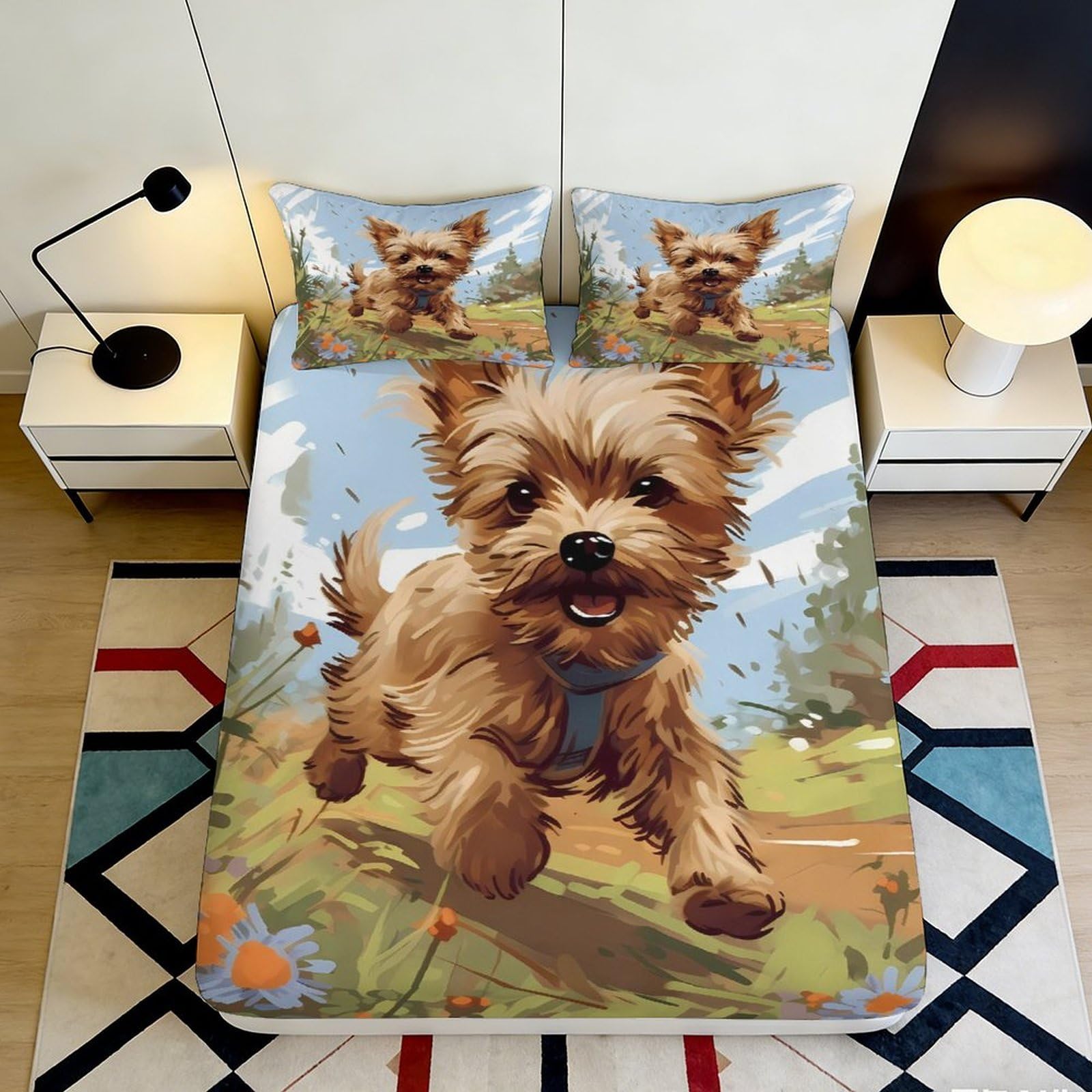 3D Printed Playful Puppy Fitted Sheet Microfiber Bedroom Decor Dog Theme Mattress Cover for Home Dorm 90x200x25cm