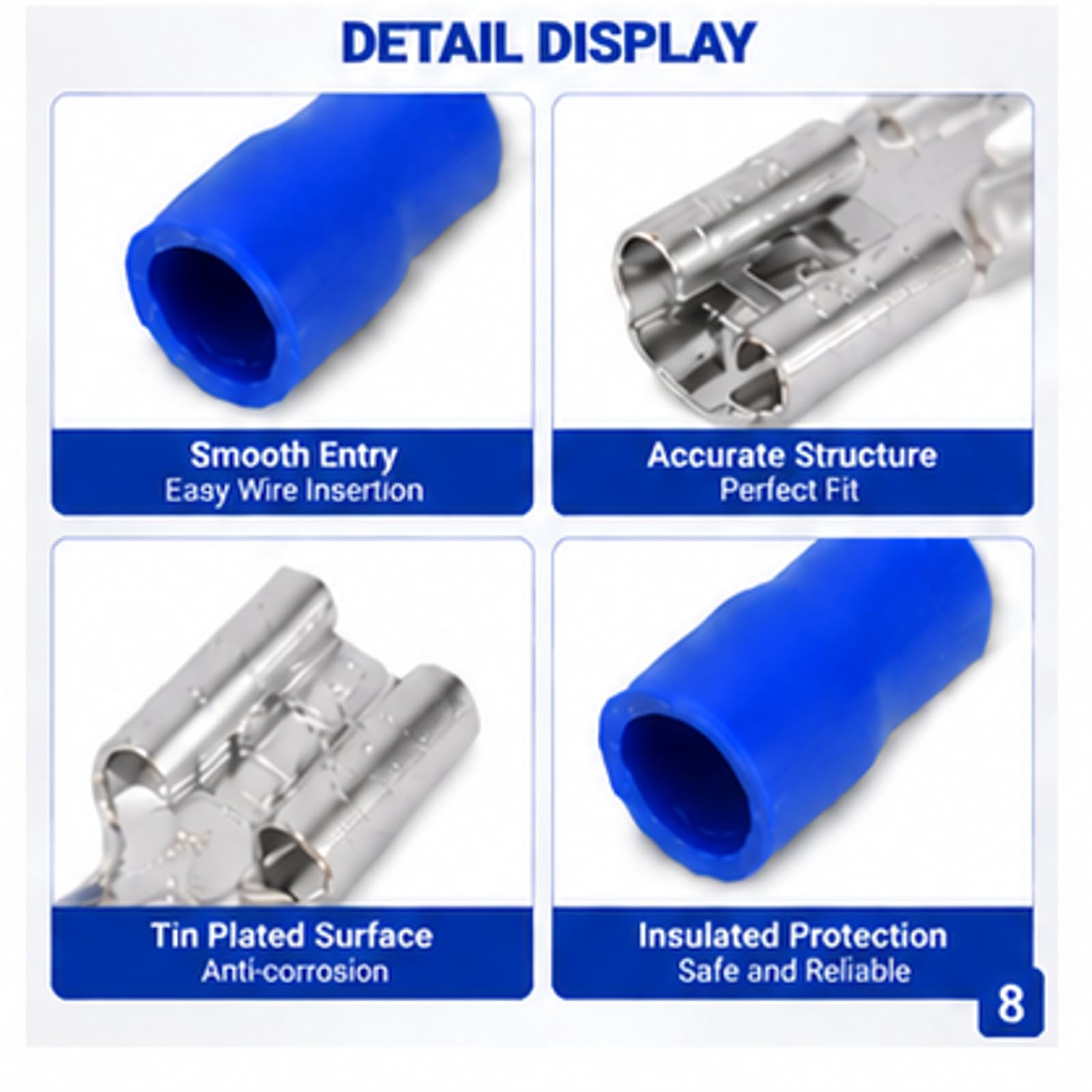 100 pièces Cosses électriques à sertir, FDD2‑250 femelle Connecteur à cosse avec coque isolante 0,8 x 6,35 mm câble terminal pour câble de 1,5 à 2,5 mm²(Bleu)