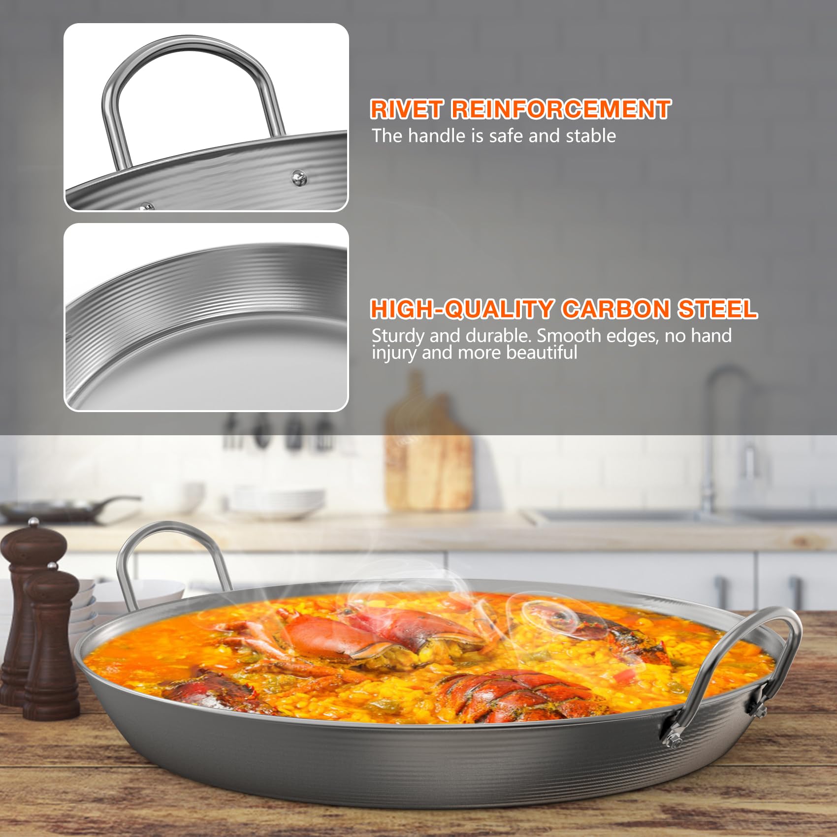 onlyfire 44.5 cm Poêle Ronde en Acier au Carbone pour Barbecue, Plat à Paella Polyvalent avec Poignées, Idéal pour Saisir, Frire et Mijoter sur Grils à Gaz ou Charbon, Robuste et Haute Température