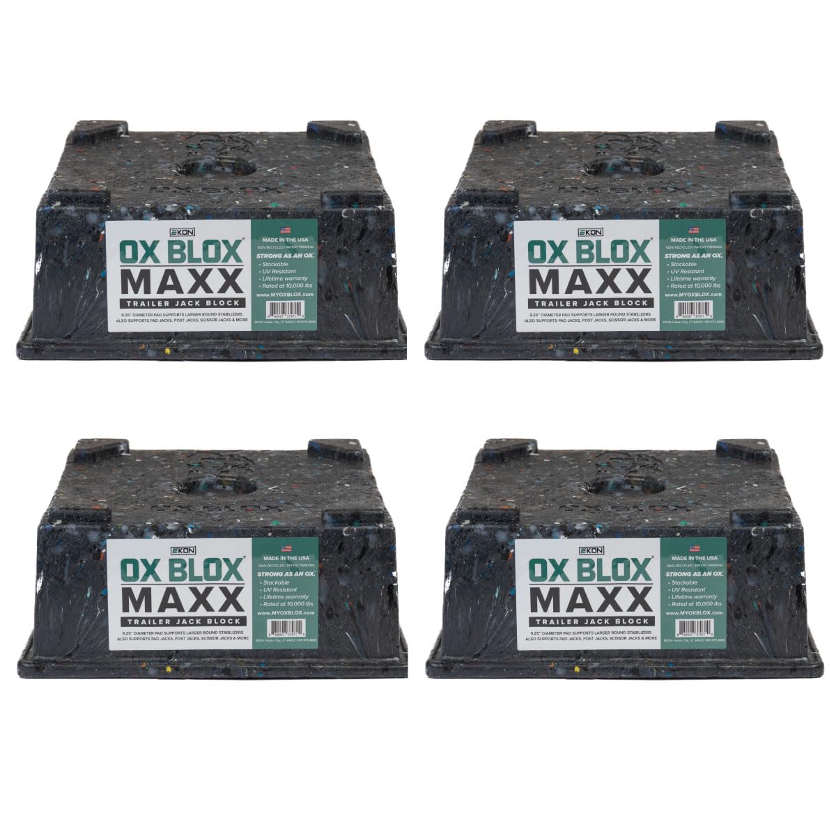 4-Pack OX BLOX MAXX Heavy Duty Trailer Jack Block - 10.5x10.5x4.5 Inches - 6.8 lbs Weight - 5th Wheel RV Jack Block for 9" Round Feet - 9" and Smaller Feet Nest Securely Within Ridges