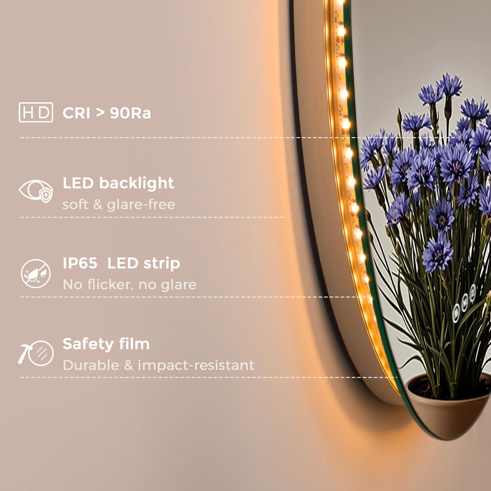 Lustro łazienkowe LED 80 cm okrągłe S'AFIELINA, lustro z LED do łazienki, lustro łazienkowe z oświetleniem LED, antypara, ściemniane, 3 barwy światła, pamięć, IP65