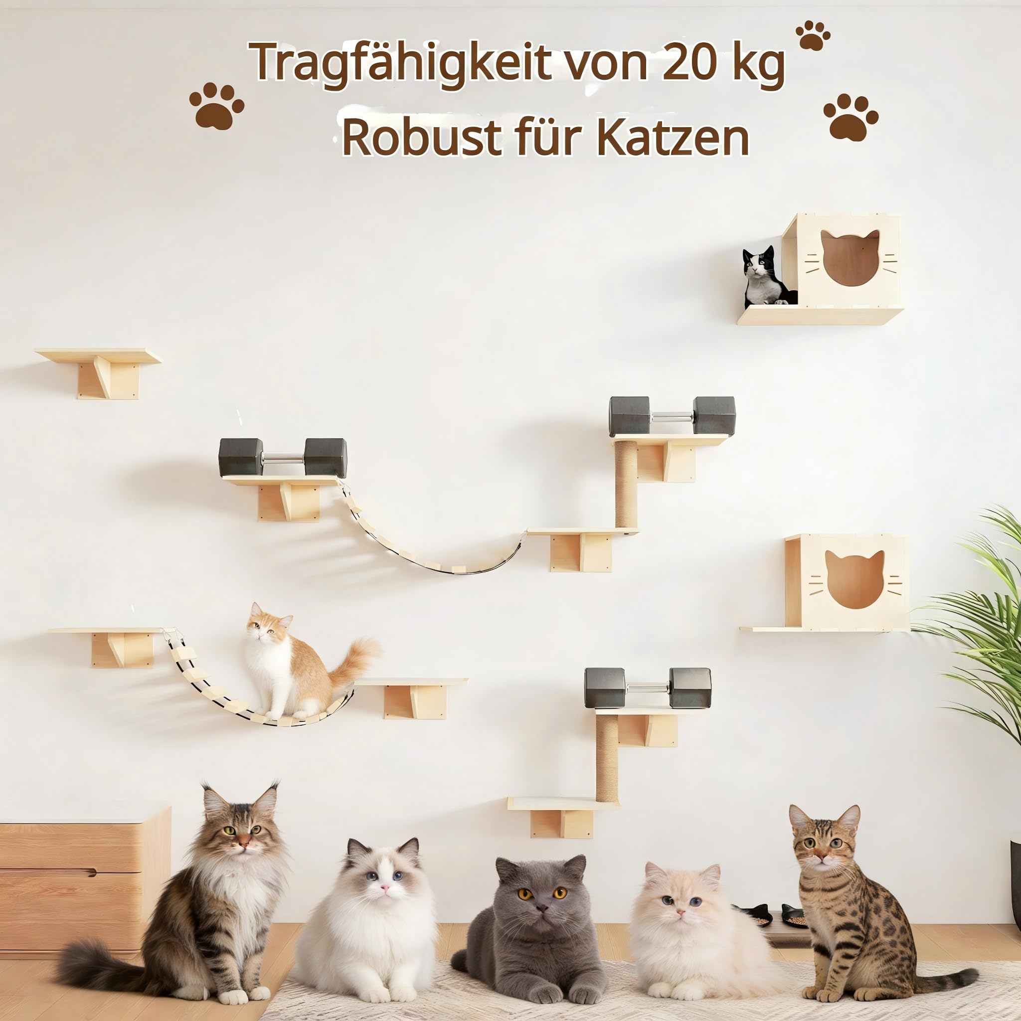 12-teiliges Katzenregal-Set, Wandmontiertes Katzenspielzeug-Set mit Katzenbrücke und Kratzbaum, Großer Wandmontierter Kletterbaum-Aktivitätszentrum für Katzen, Kletterwand für Wohnungskatzen zum Schla