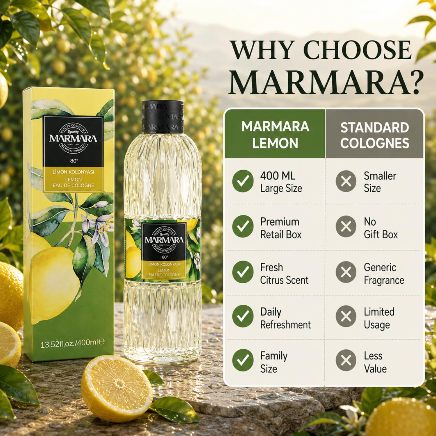 MARMARA Kolonya Cytryna 400 ml z Pudełkiem | Turecka Woda Zapachowa | Woda po Goleniu | Woda Kolońska | Tradycyjna Turecka | Woda Kolońska Cytrynowa | 80% Alkoholu