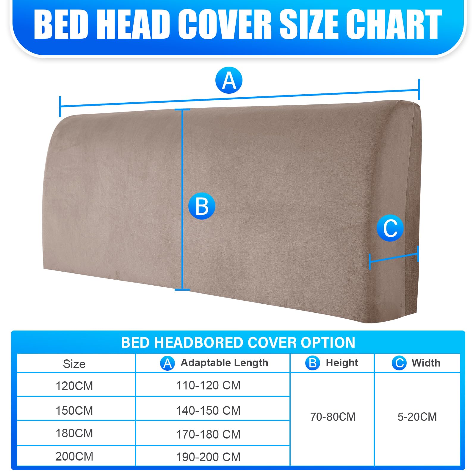 Velluto Copri Testata Letto, Elasticizzato Copertura Per Testiera Del Letto, Tinta Unita Copertura Per Testiera Per Letto, Lavabile, Per Letti Singoli Matrimoniali（180cm, Cachi）