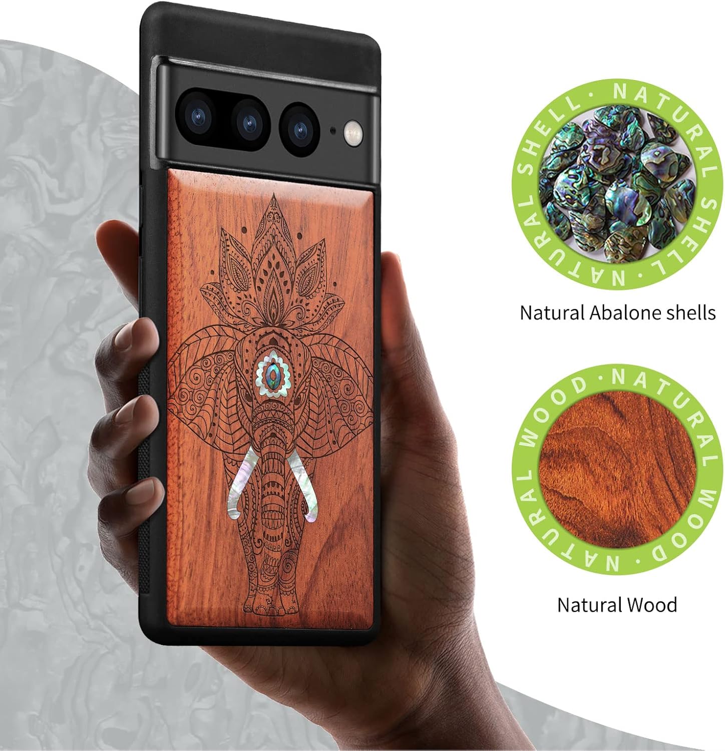 Carveit Designer Wooden Case for Google Pixel 7 Pro Case [Wood Engraving & Shell Inlay] Unique Wood Cover Compatible with Wireless Chargers Pixel 7 Pro (Elephant-Rosy)