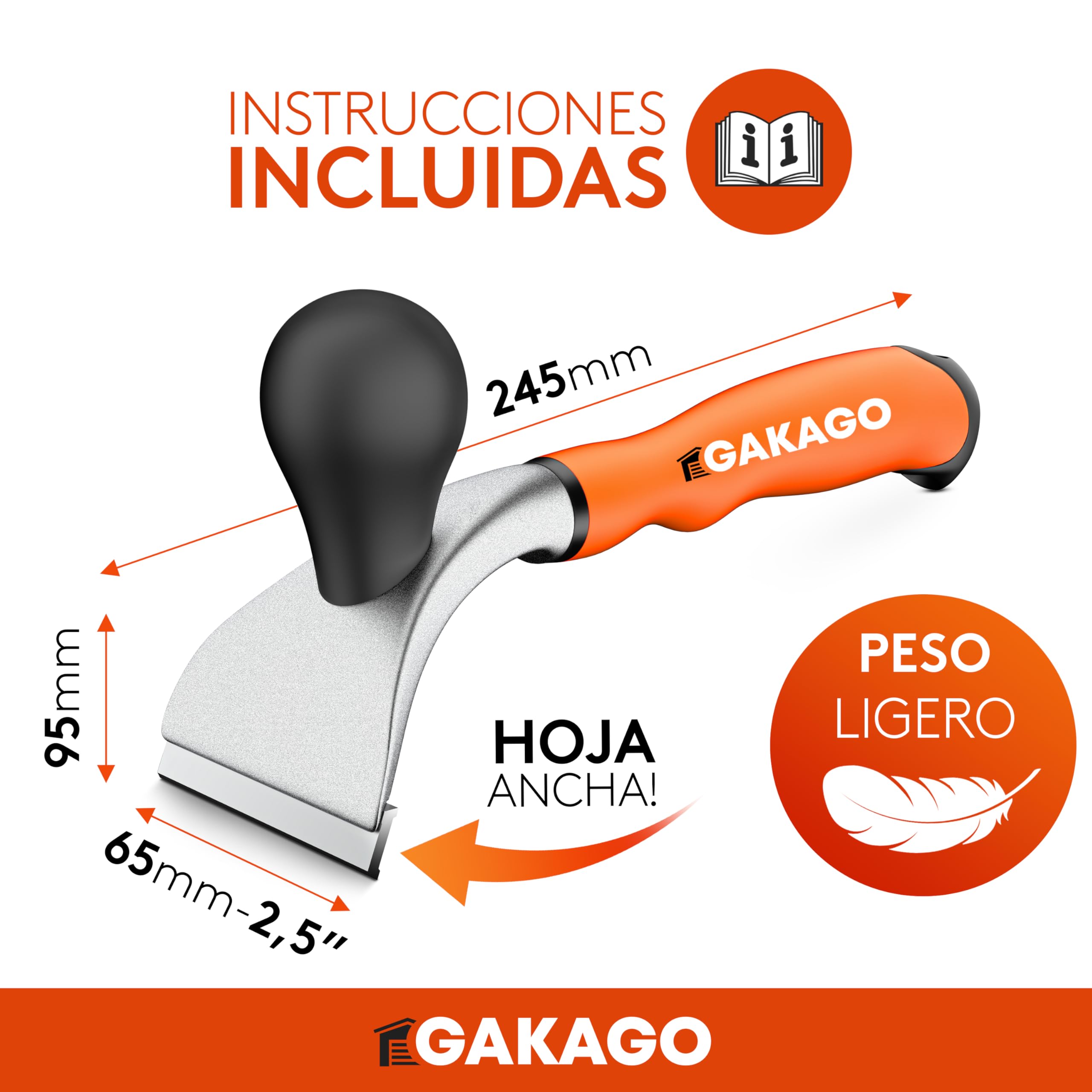 Gakago Rascador - Cuchilla raspadora de 65 mm de alta calidad fabricada con carburo de tungsteno duradero - Raspador universal ergonómico y antideslizante para madera, metal, hormigón o piedra