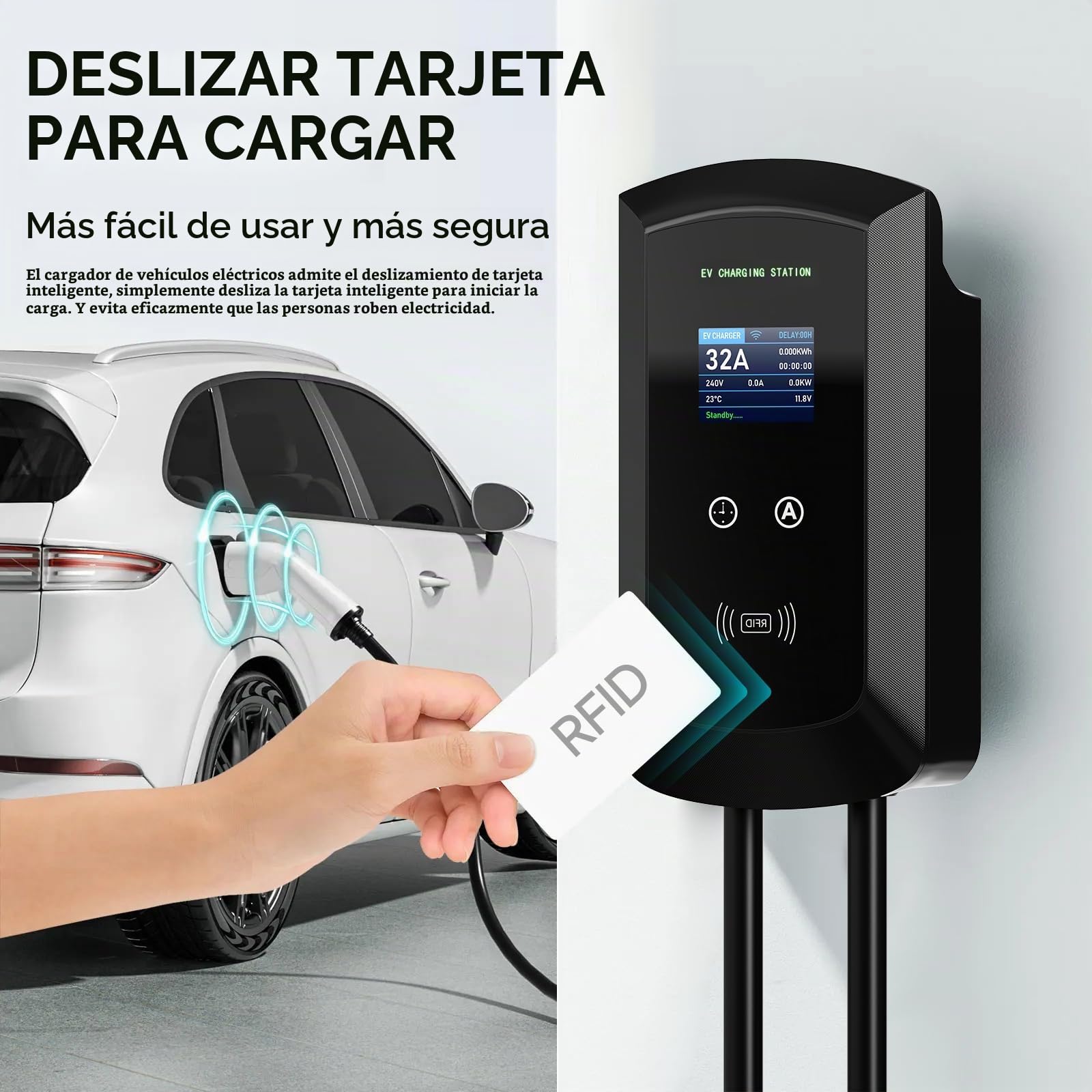 Cargador Coche Eléctrico Tipo 2 CEE, 7kW/ Monofásica / 8-32A / IP65 Impermeable, Cargador Coche Electrico con Control App/RFID, Enchufe Europeo IEC 62196-2 con Cable 5M