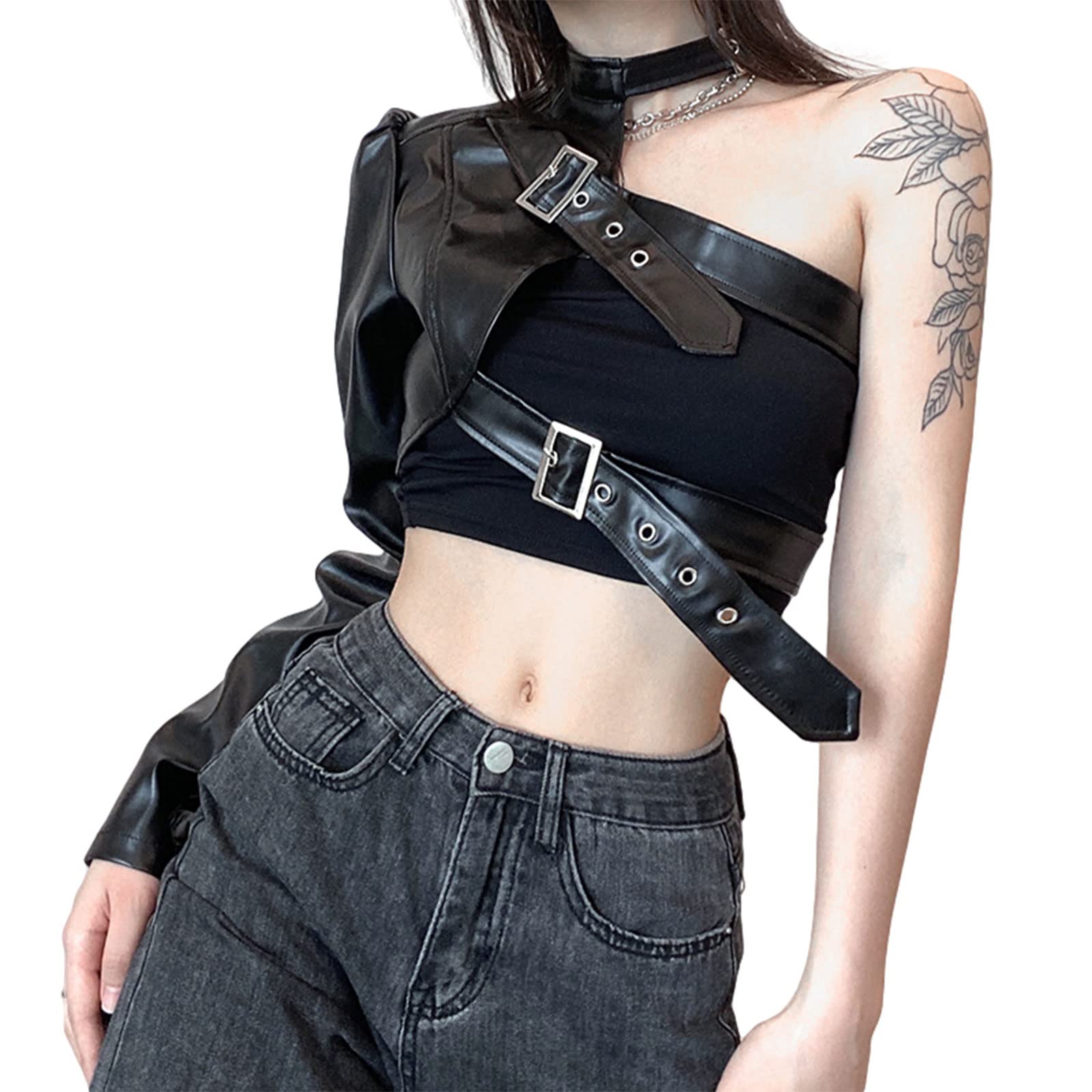 Veste courte en cuir style punk pour femme - Cool - Manches longues - Cintre en cuir - Ceinture en cuir irrégulière