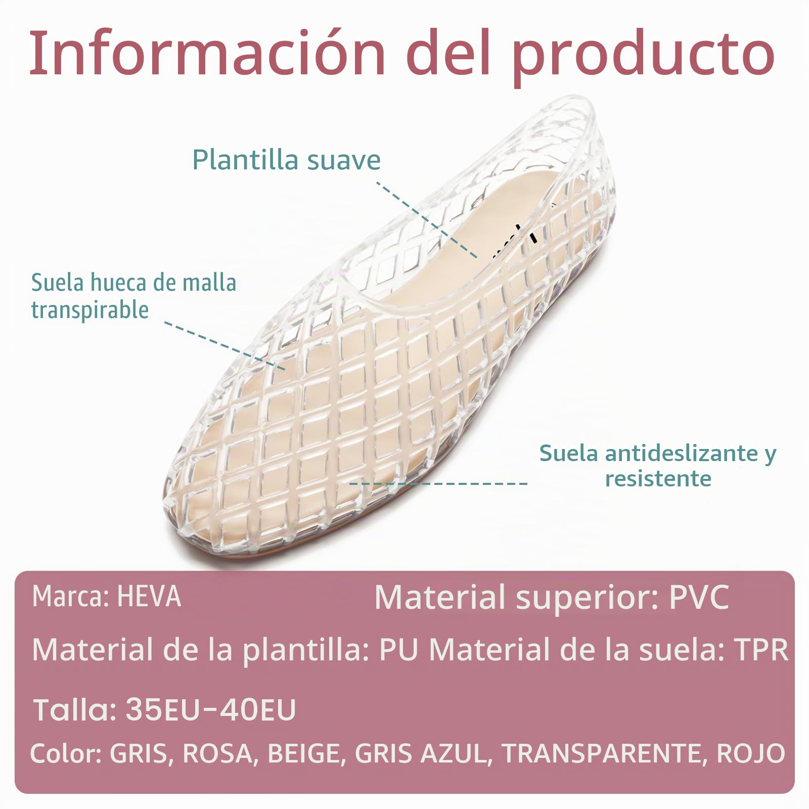HEVA Jelly Mesh - Sandalias planas de malla transpirable para mujer, sandalias de ballet para verano, playa, jaleas