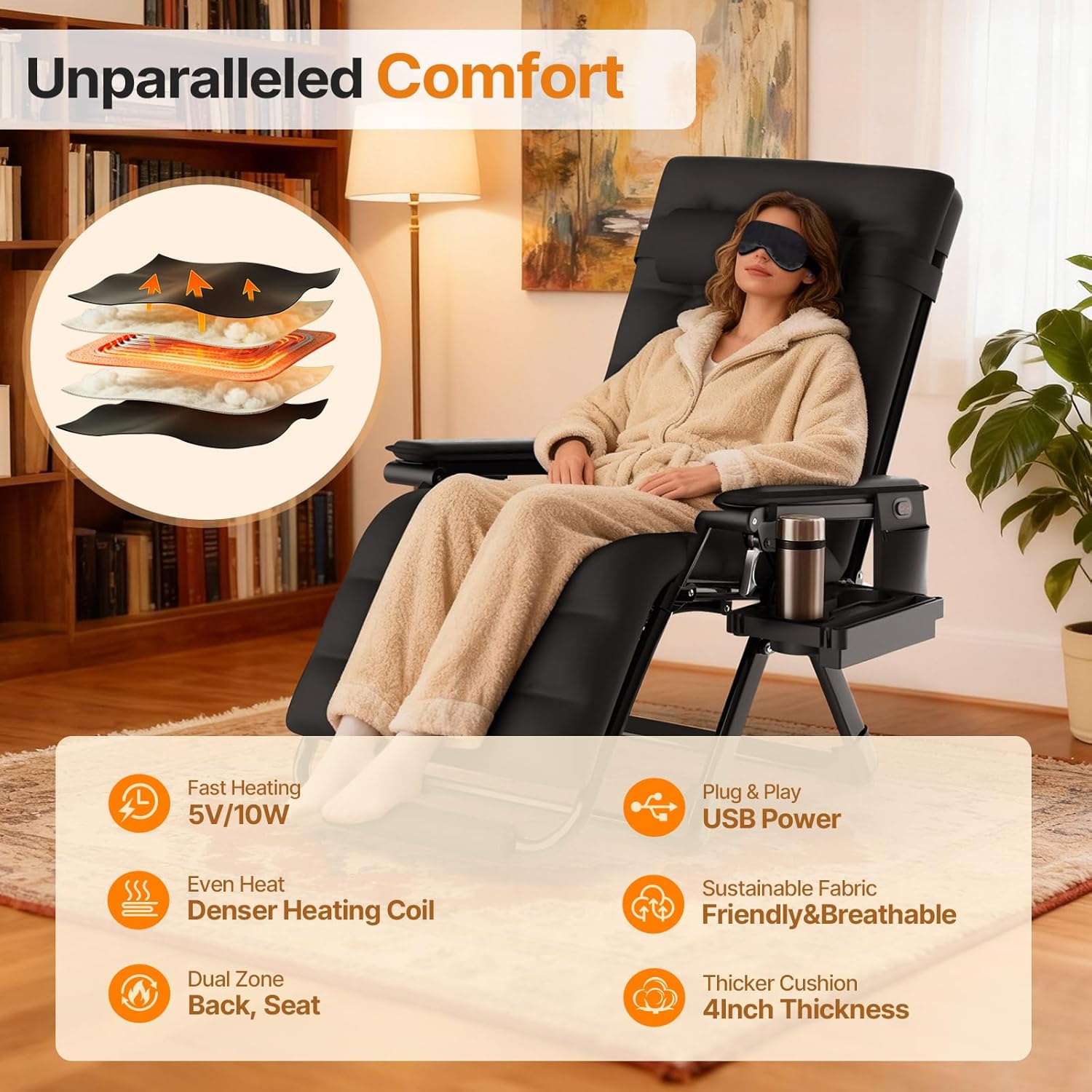 Suteck Heated Zero Gravity Chair, 29" XL Oversized Reclining Lounge Chair with 3 Heat Levels for Back & Seat, Armrest Pads, Cushion & Headrest, Upgraded Lock & Footrest, 500LBS(Battery Not Included)