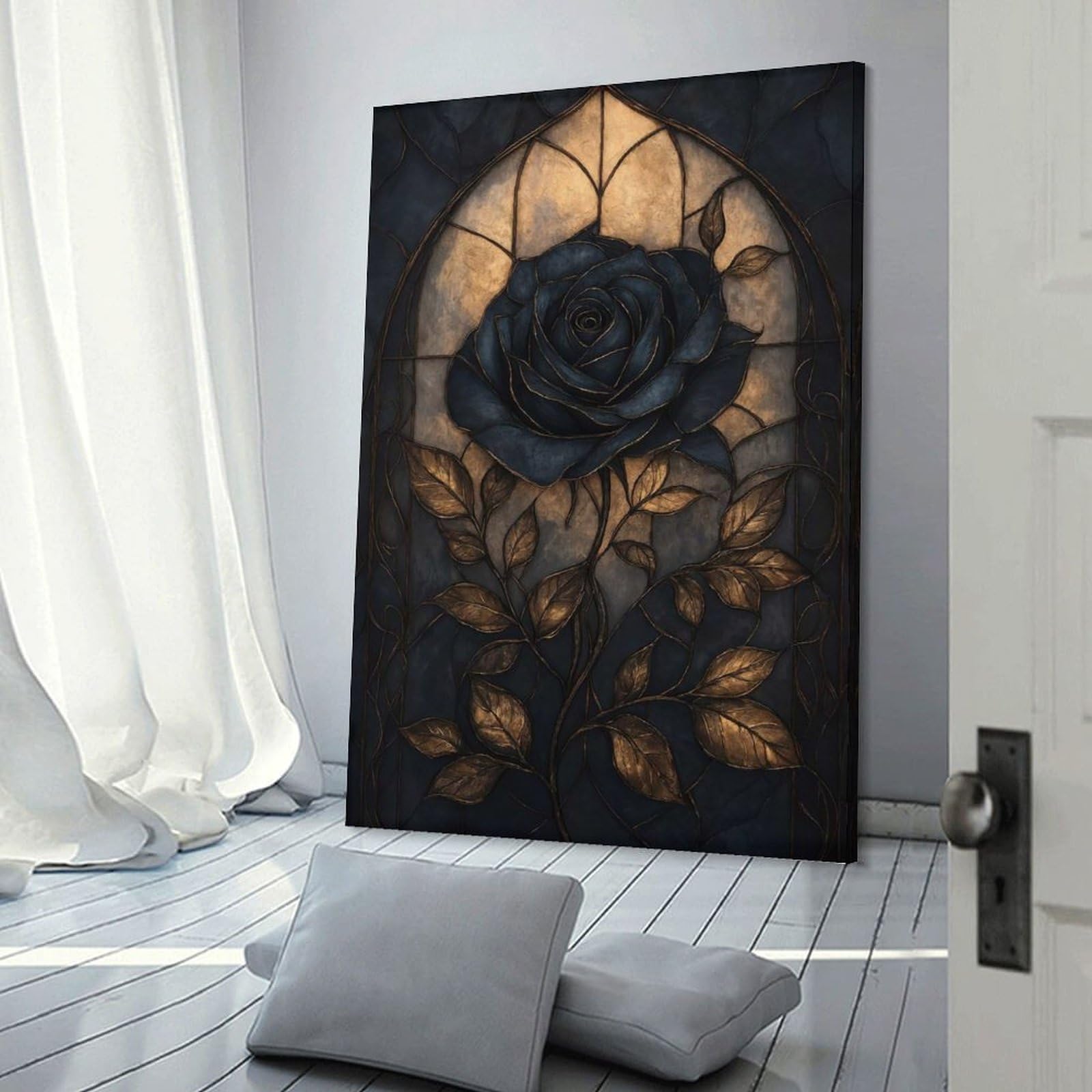 Junmoney Gothic Rose Stained Glass Home Decor Wall Art 24x36inch(60x90cm), for Living Room, Lounge Or Sitting Room, A Home Accent with Warm Character