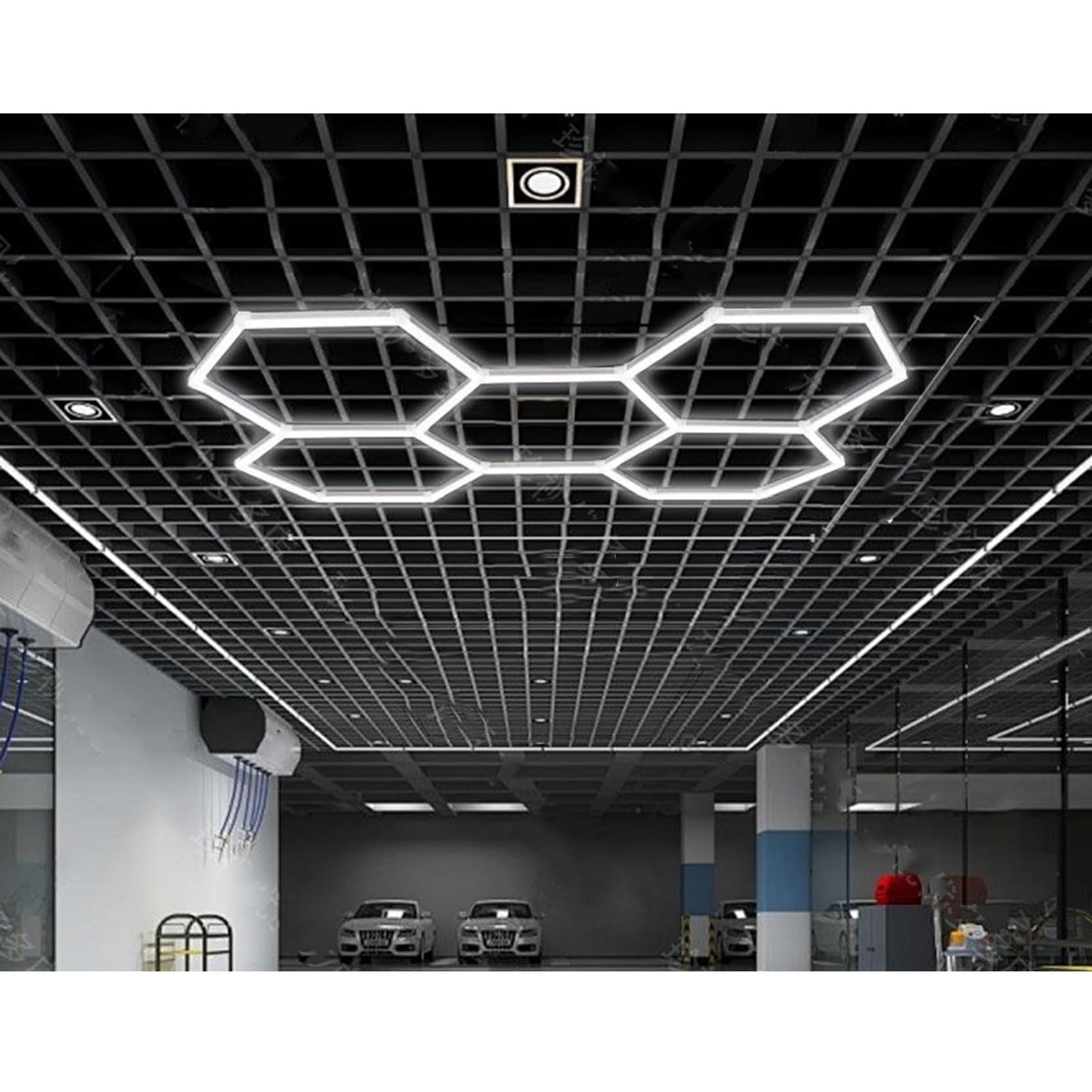 Panneaux LED hexagonaux à 5 ou 14 modules, grand format, 168 W ou 672 W, 6500 K, ultra-lumineux, for garage, atelier, entrepôt, detailing auto, bureau. Installation facile.(5 HEX)