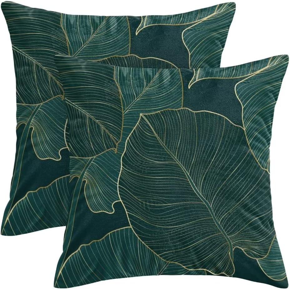 AEIOAE Tropical Leaves Pillow Covers 18 X 18 Inch Set of 2, Emerald Green Minimalist