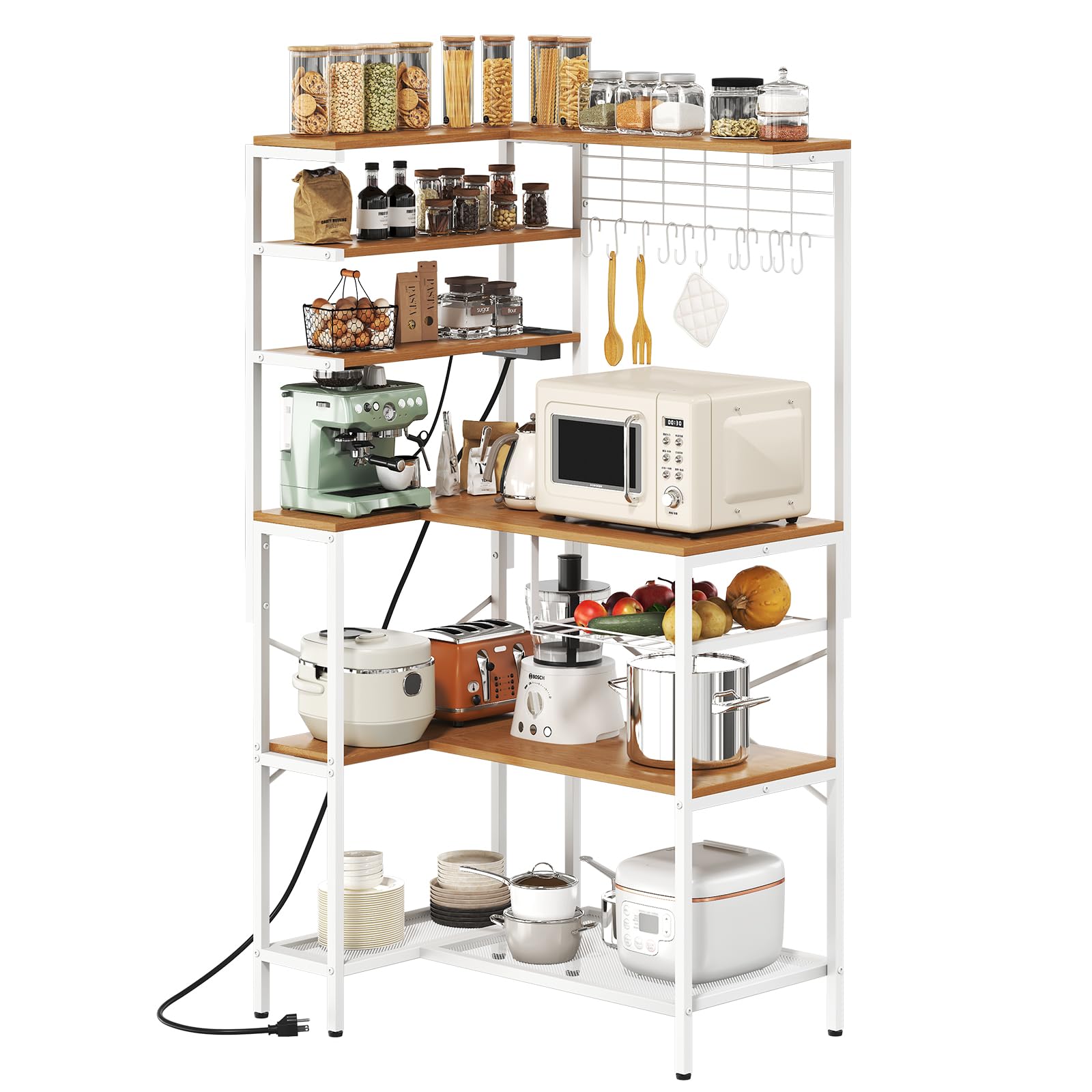 TITIMO Farmhouse Bakers Rack With Trash Can Cabinet & Outlets – 6-Tier Kitchen Coffee Bar Station