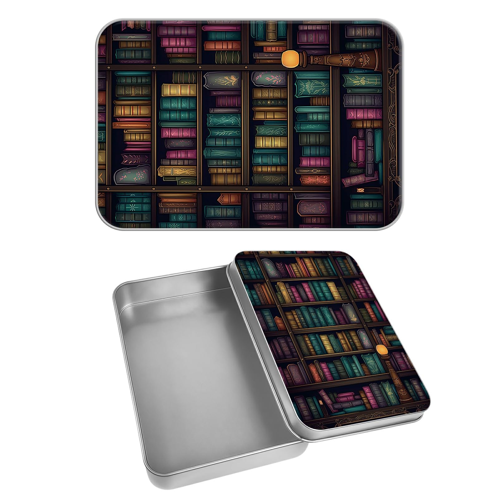 Rectangular Metal Tin Box with Removable Lid, Library Decorative Printed Metal Storage Container for Cash Ticket Credit Card Check 3.46 x 2.36 x 0.7 inch– Single Pack