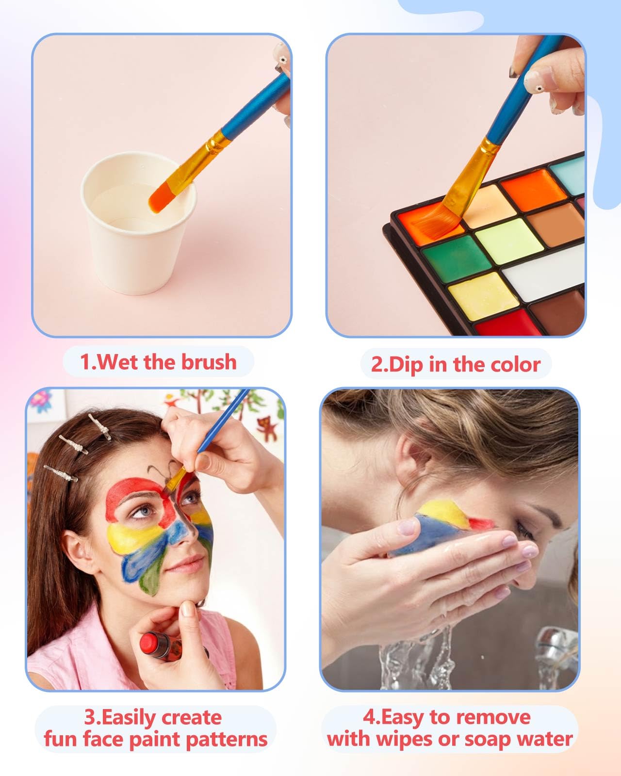Lictin Pittura per Viso 36 Colori-Face Paint,10 Pennelli Professionali ,30 grafica per festa di Halloween, compleanno, Natale Paletta di bellezza,grande rega